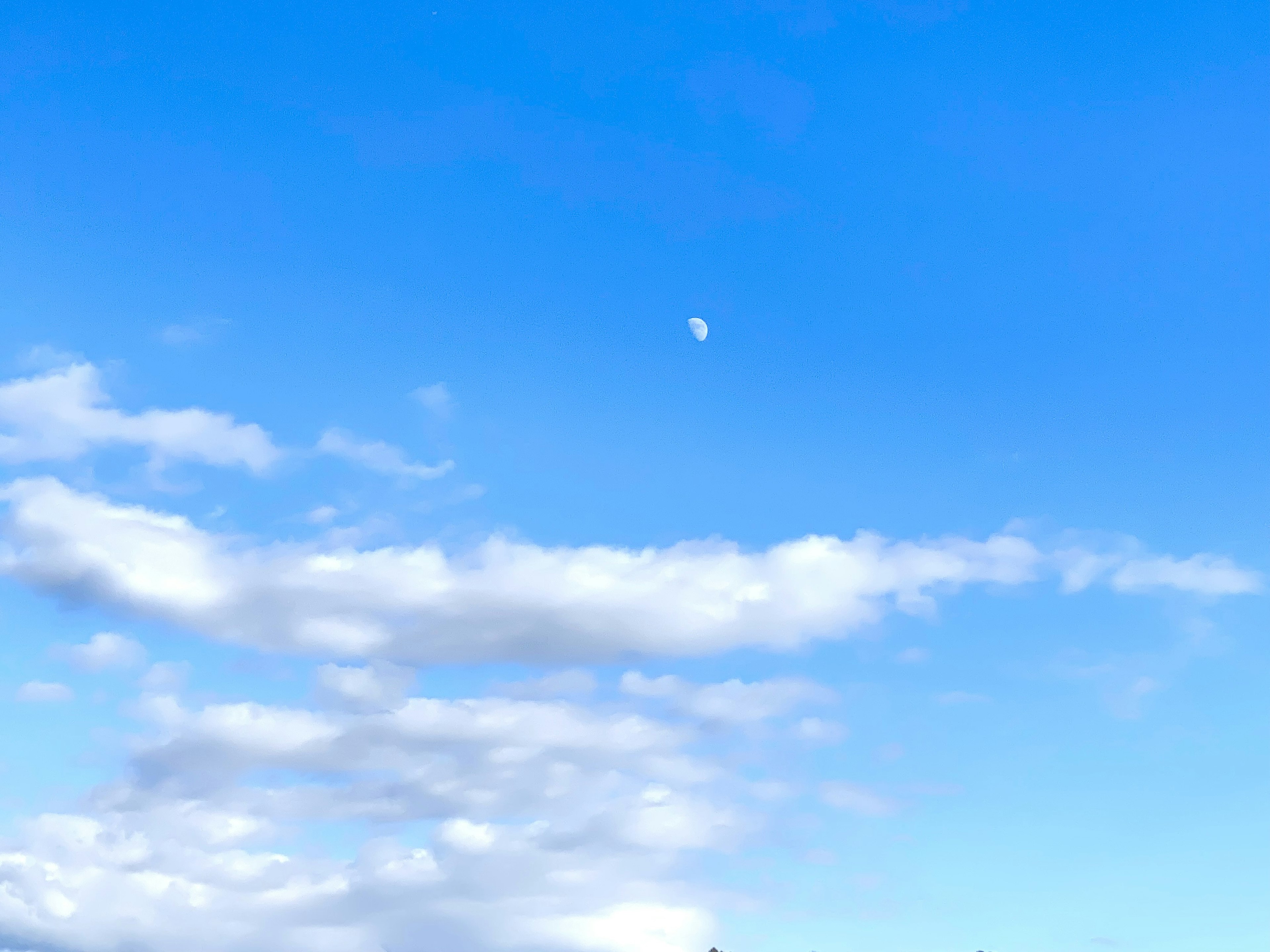 Langit biru dengan awan putih dan bulan yang terlihat