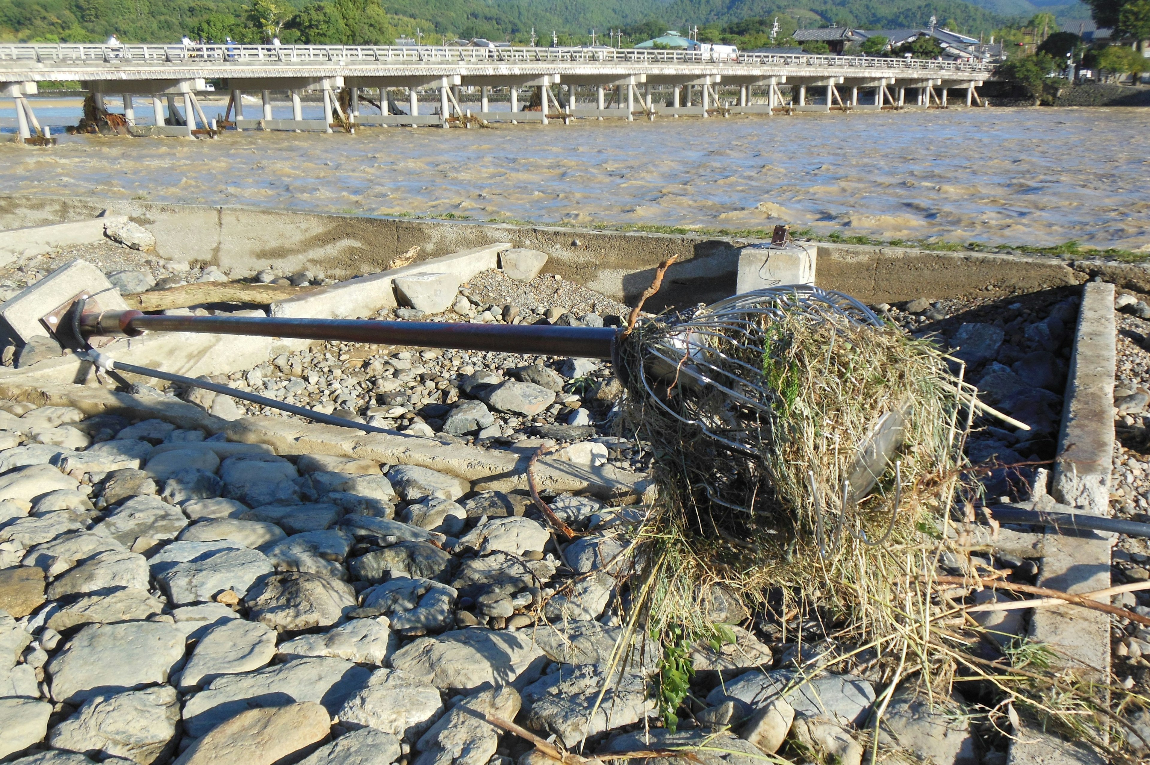 Scene showing a net with a bundle of grass on rocky shore