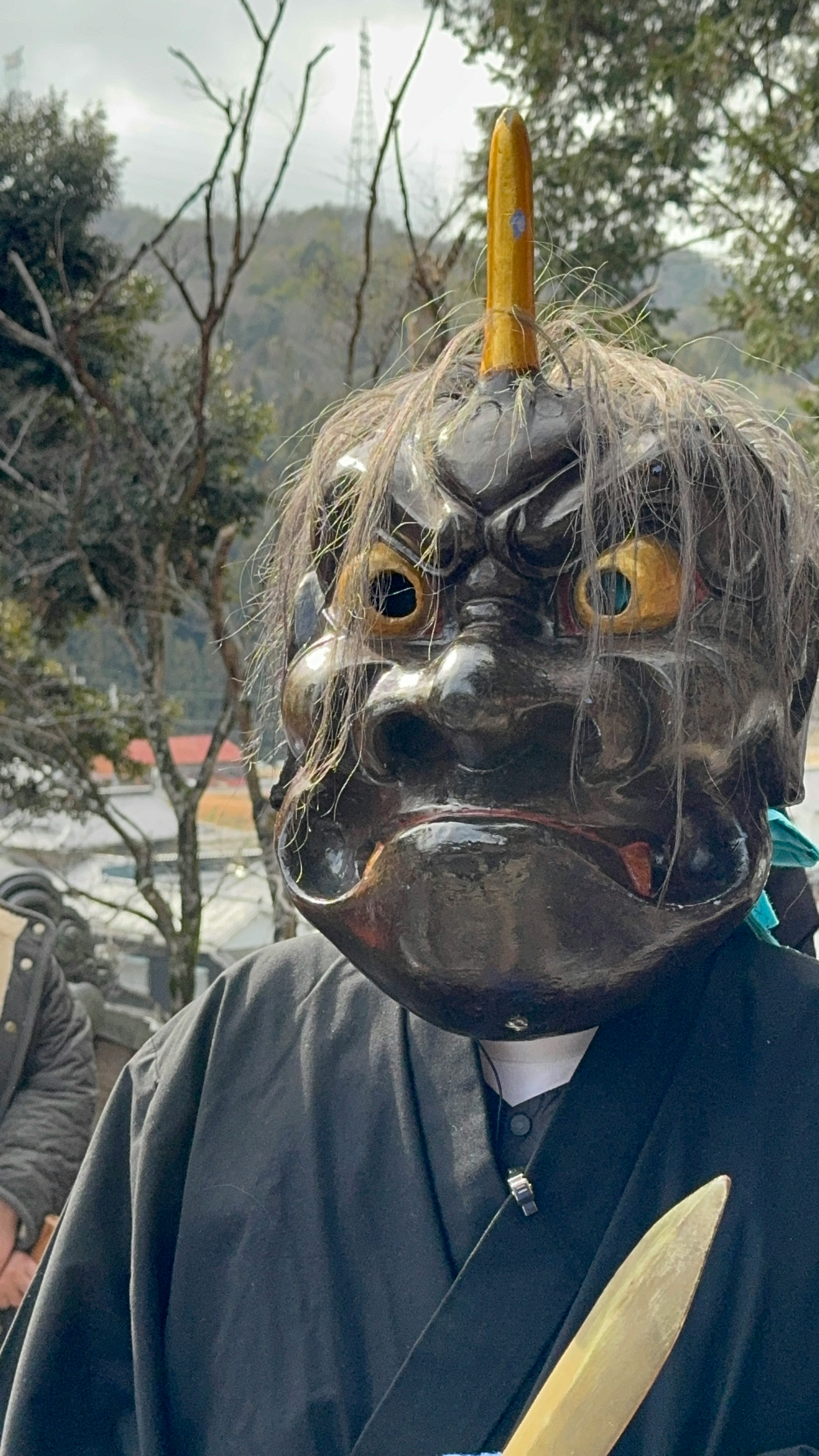 A person wearing a traditional mask in dark clothing with trees in the background