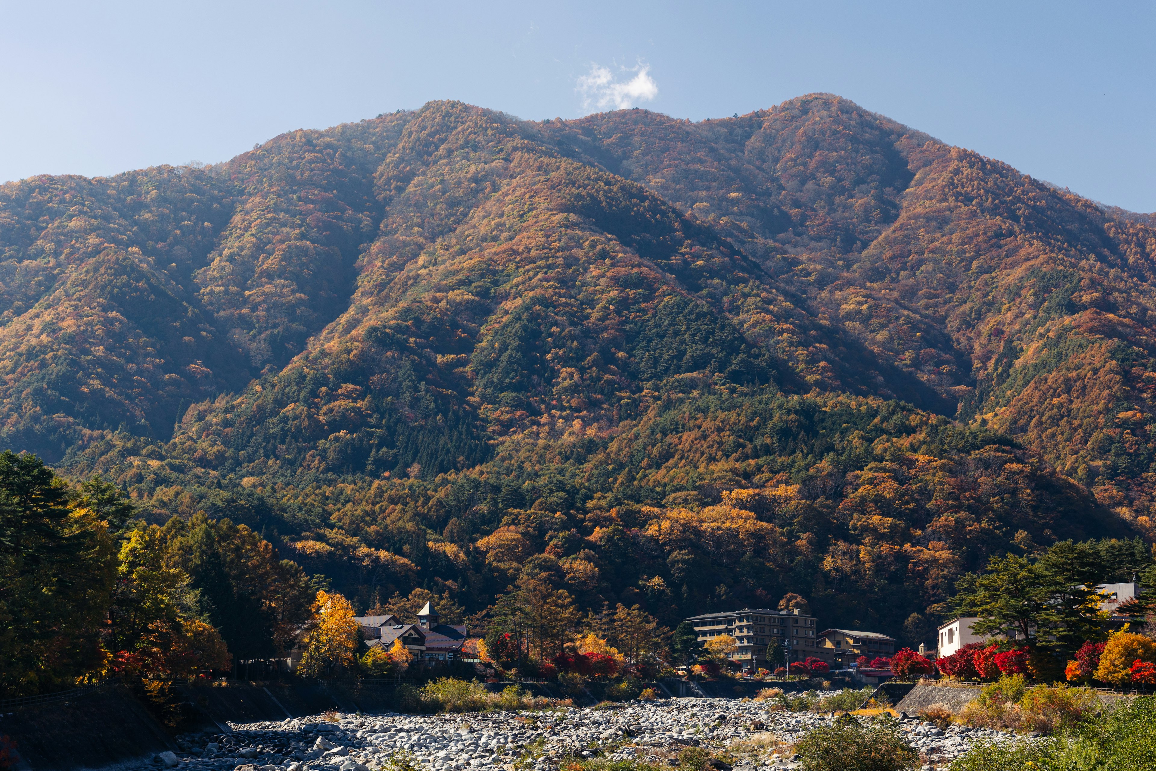 美しい秋の山々が広がる風景と川の景色