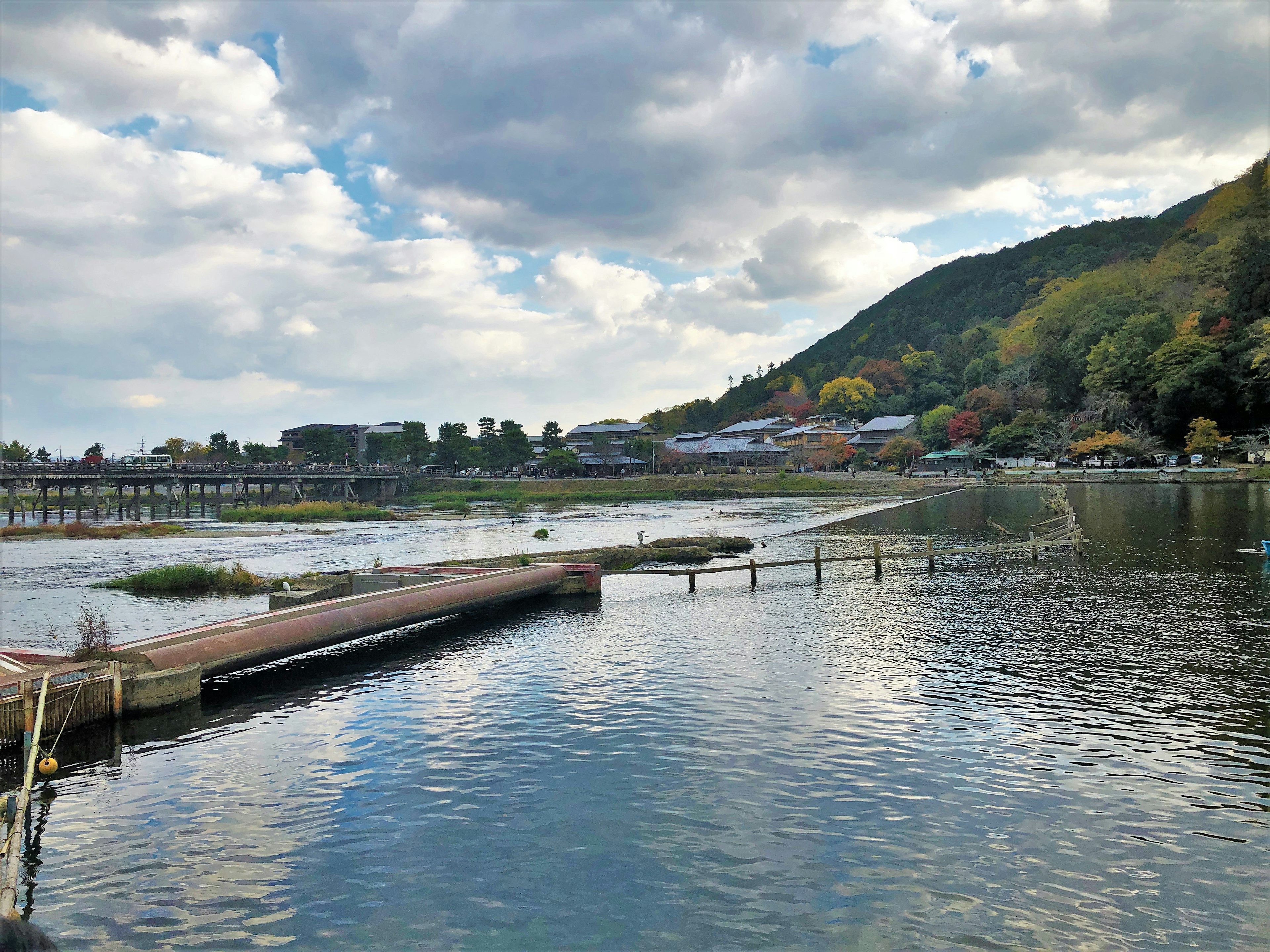 美しい水面と穏やかな山の風景が広がる川の景色