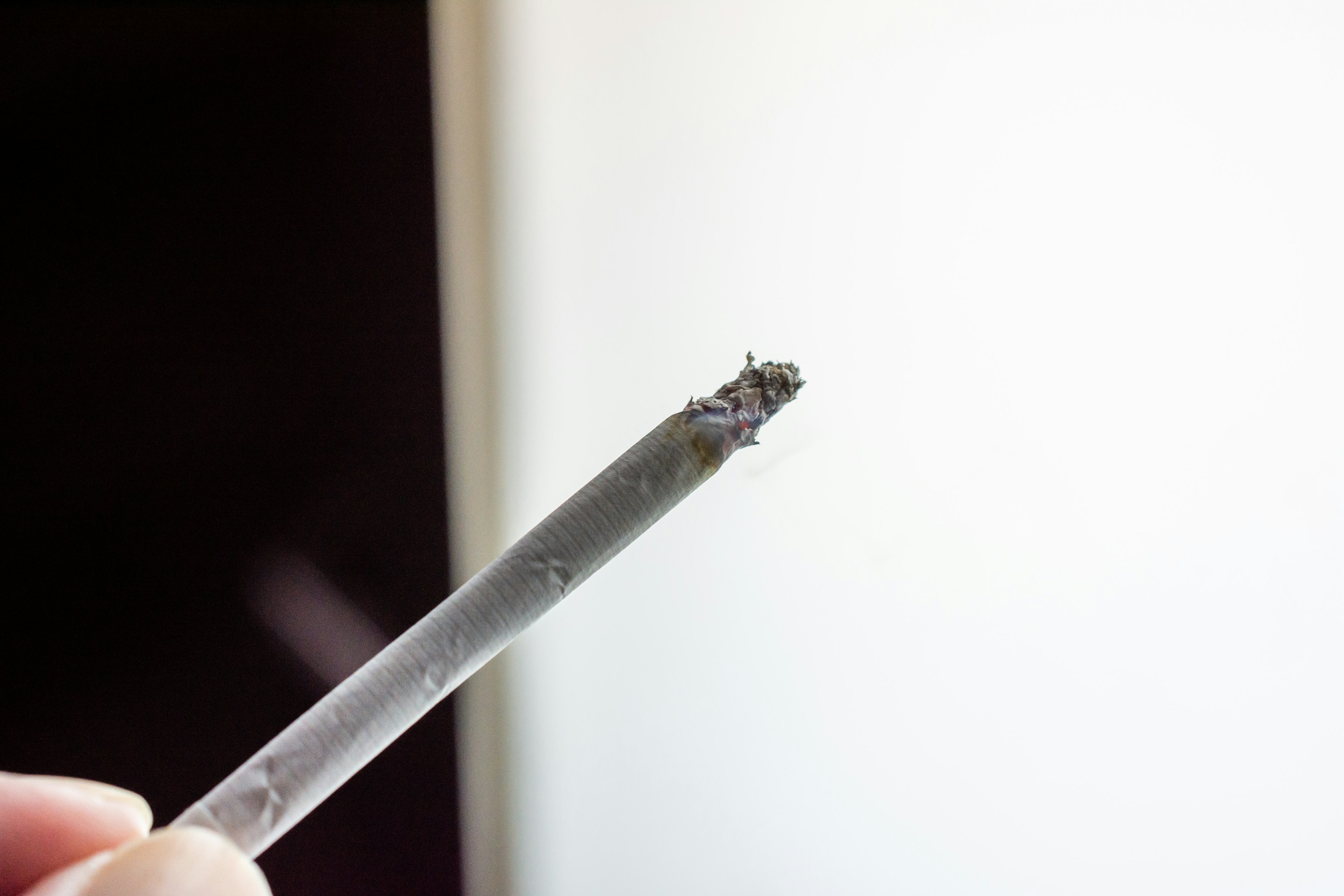 A hand holding a smoking object with a burnt tip