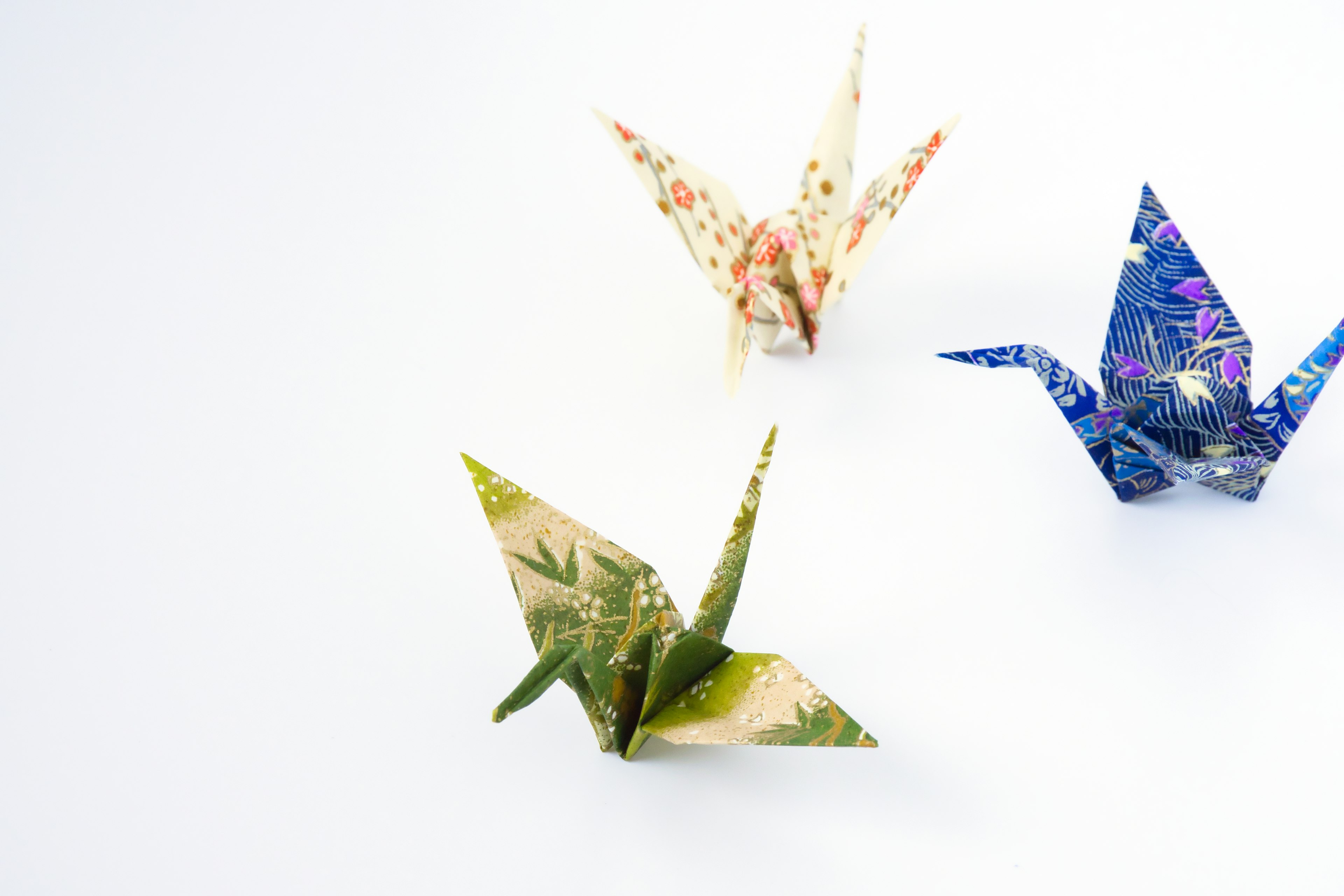 Colorful origami cranes placed on a white background