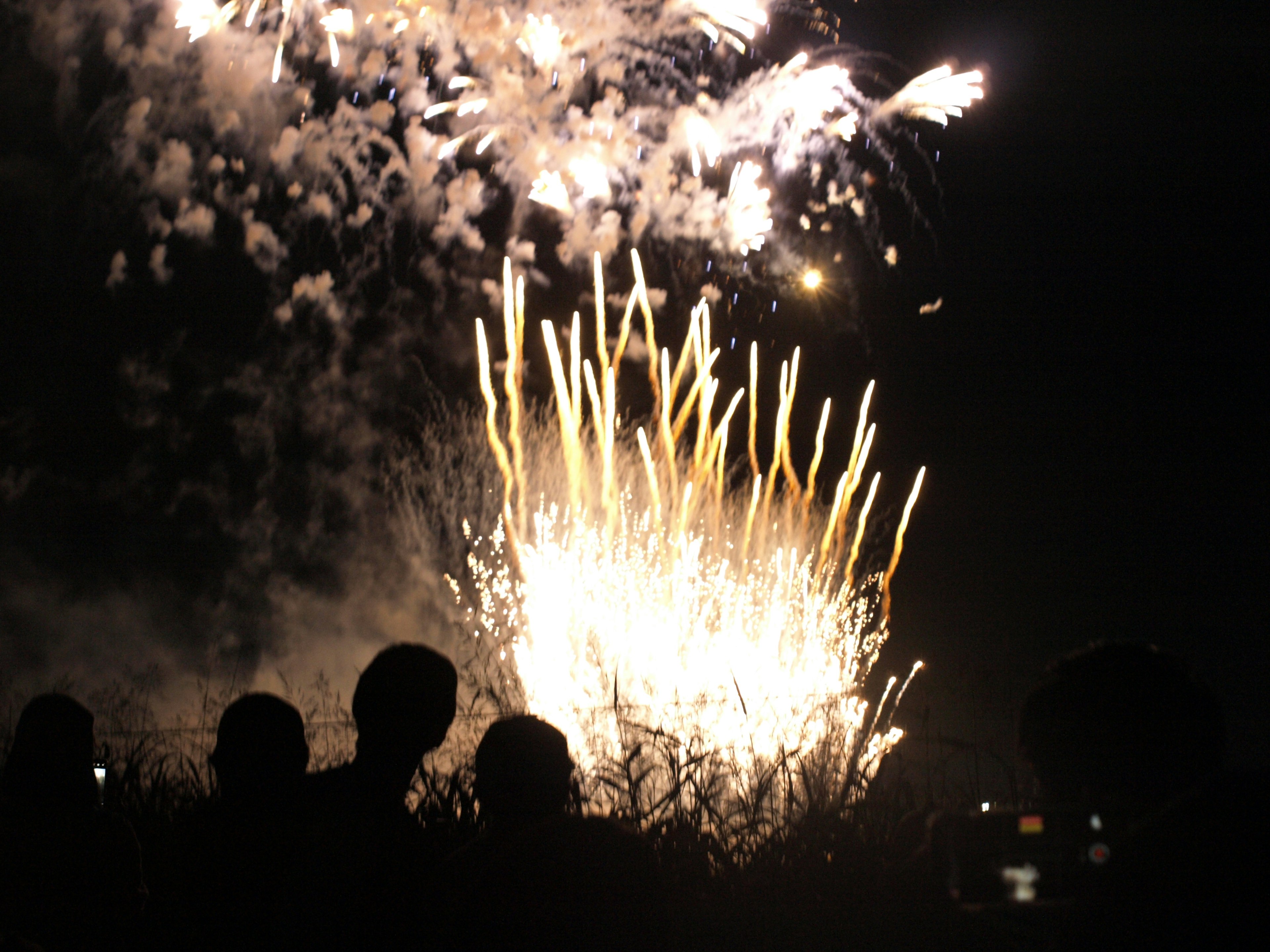 Spektakuläre Feuerwerk-Show, die den Nachthimmel erleuchtet mit Silhouetten von Menschen