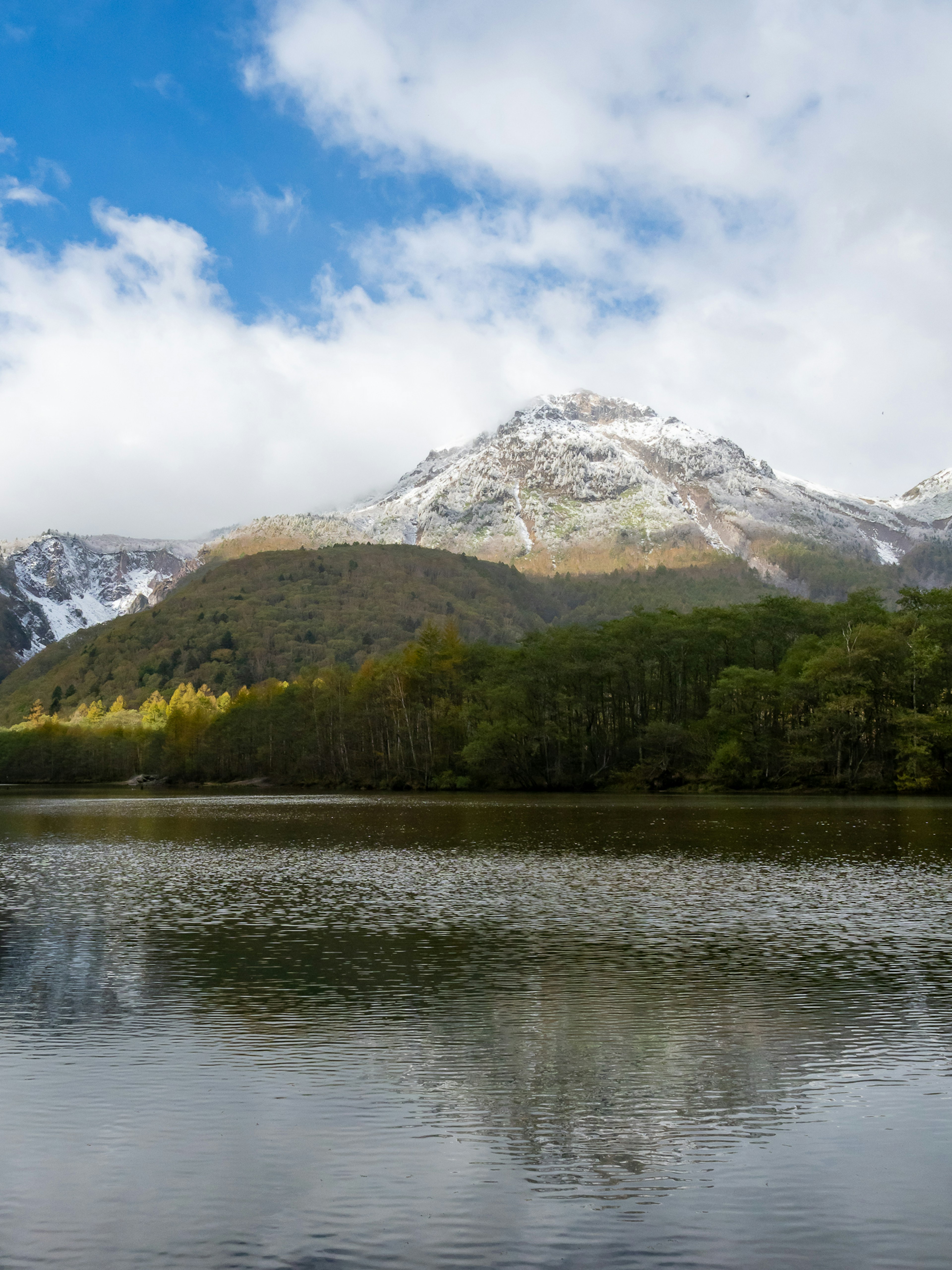 Monte innevato che si riflette in un lago sereno con alberi verdi lussureggianti