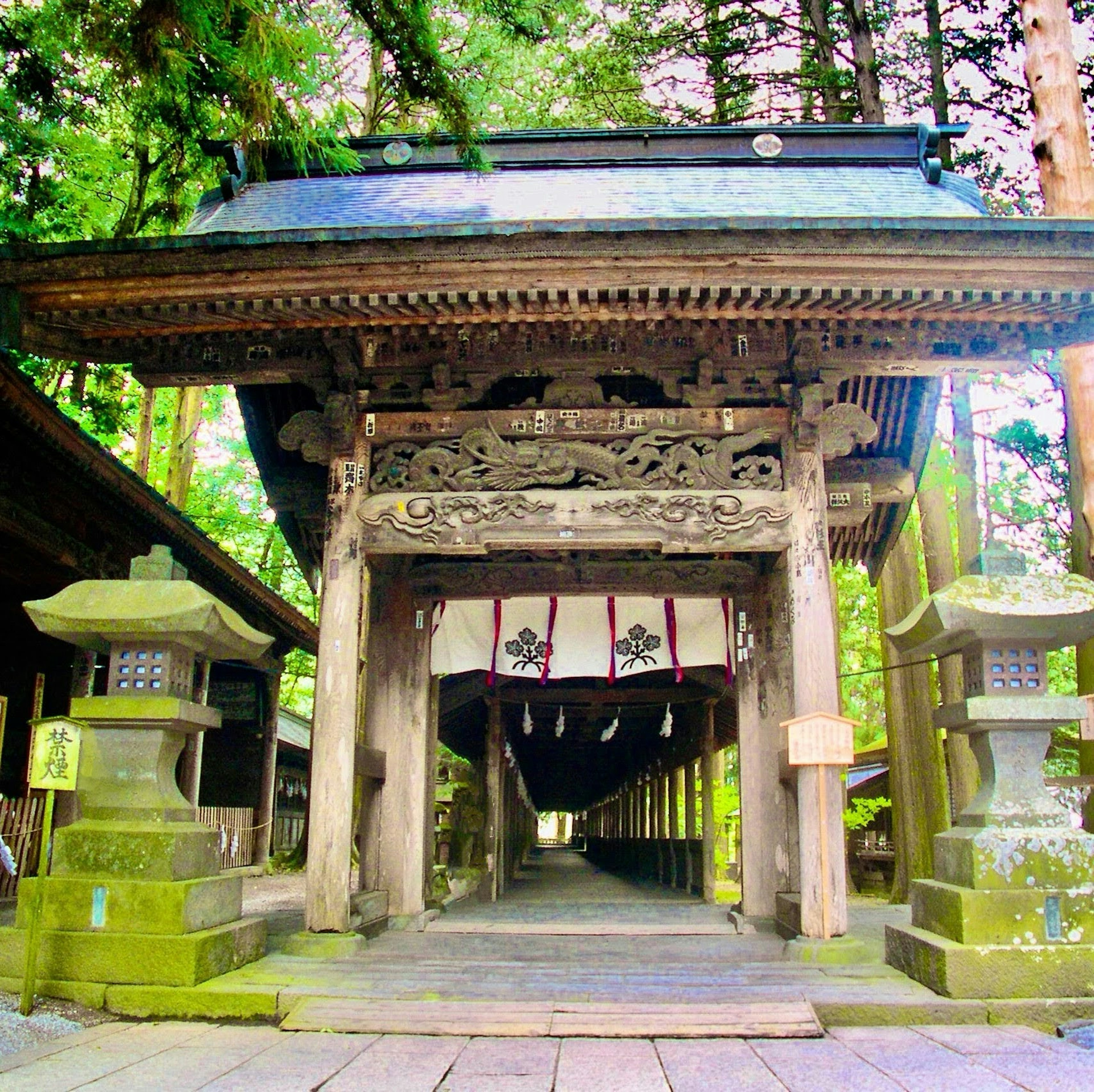 Traditional shrine gate surrounded by lush greenery featuring intricate wooden carvings and hanging white fabric