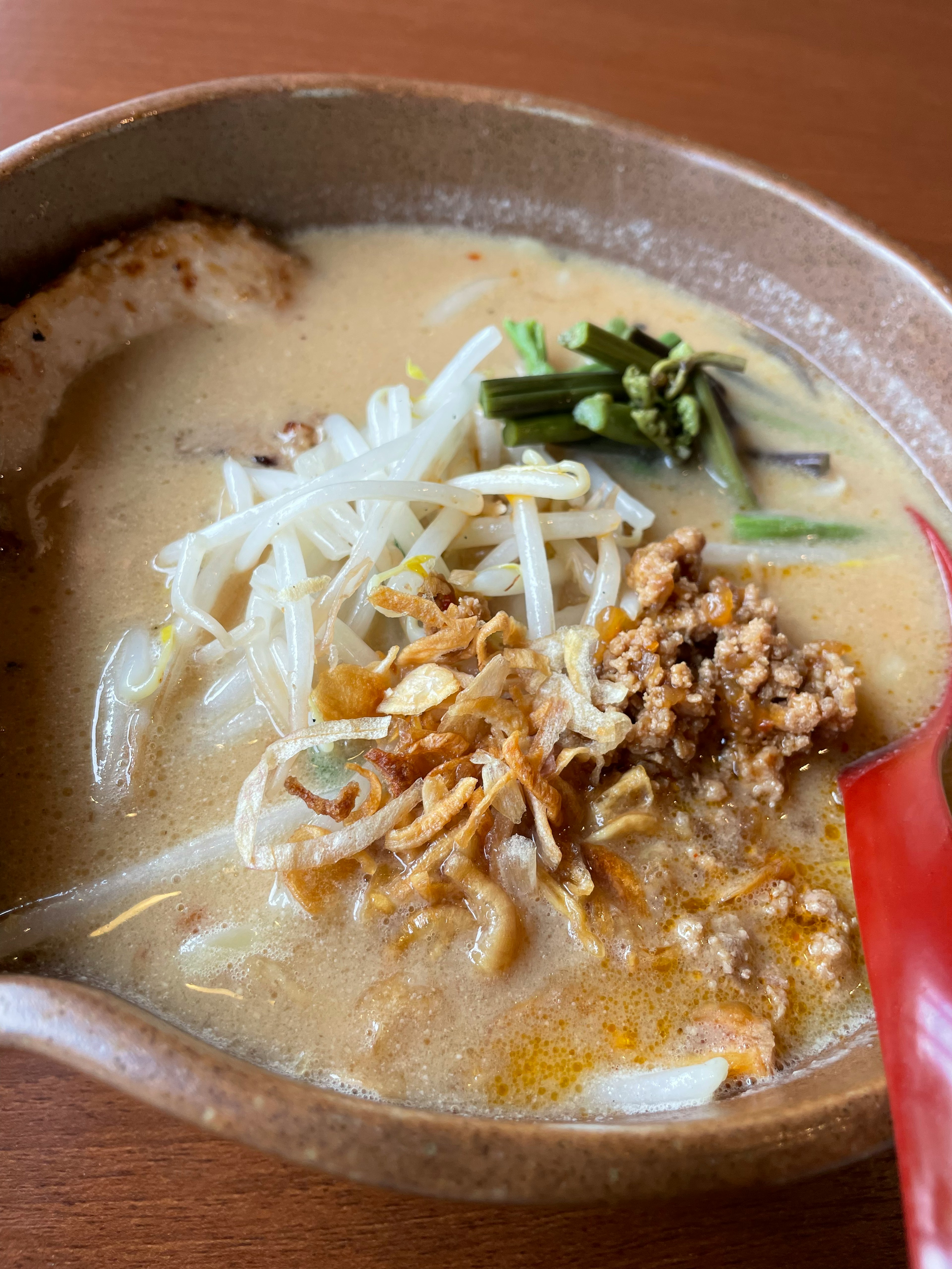 Bol de ramen avec des tranches de porc et des oignons verts garnis d'ail croustillant