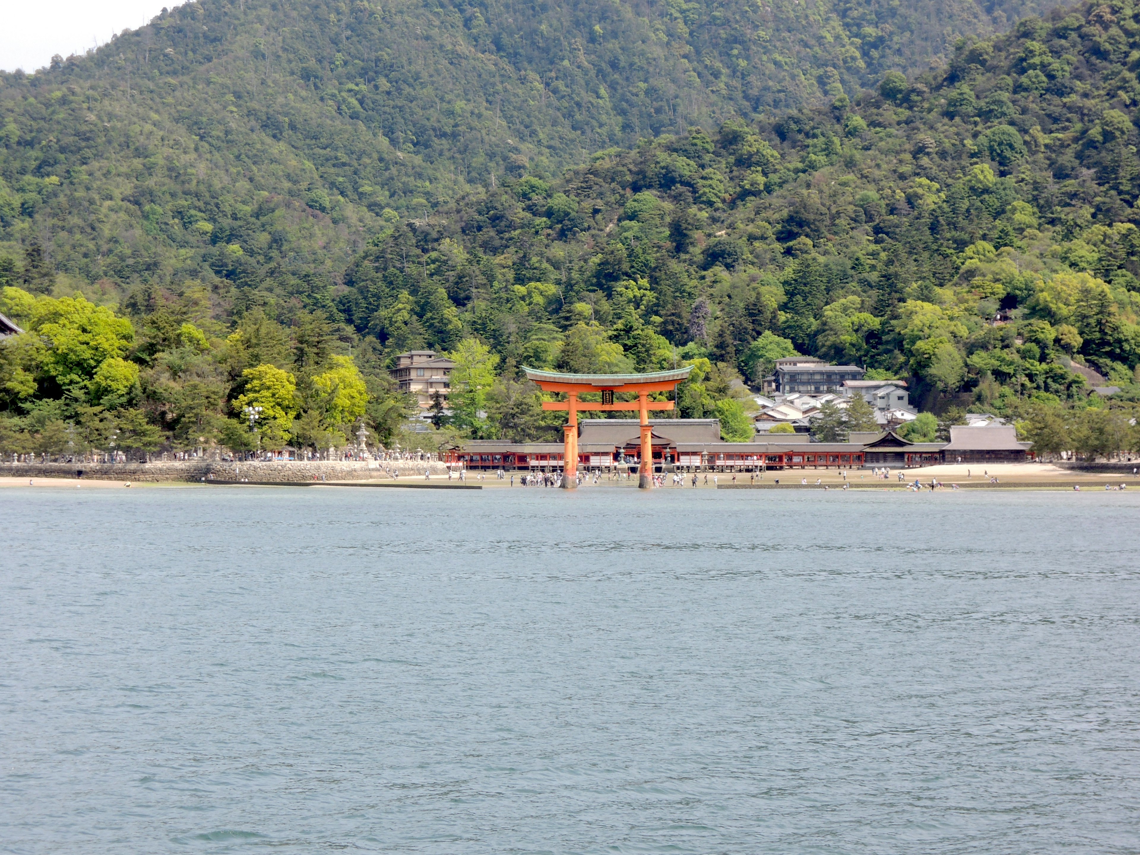 Torii che galleggia sull'acqua con montagne verdi