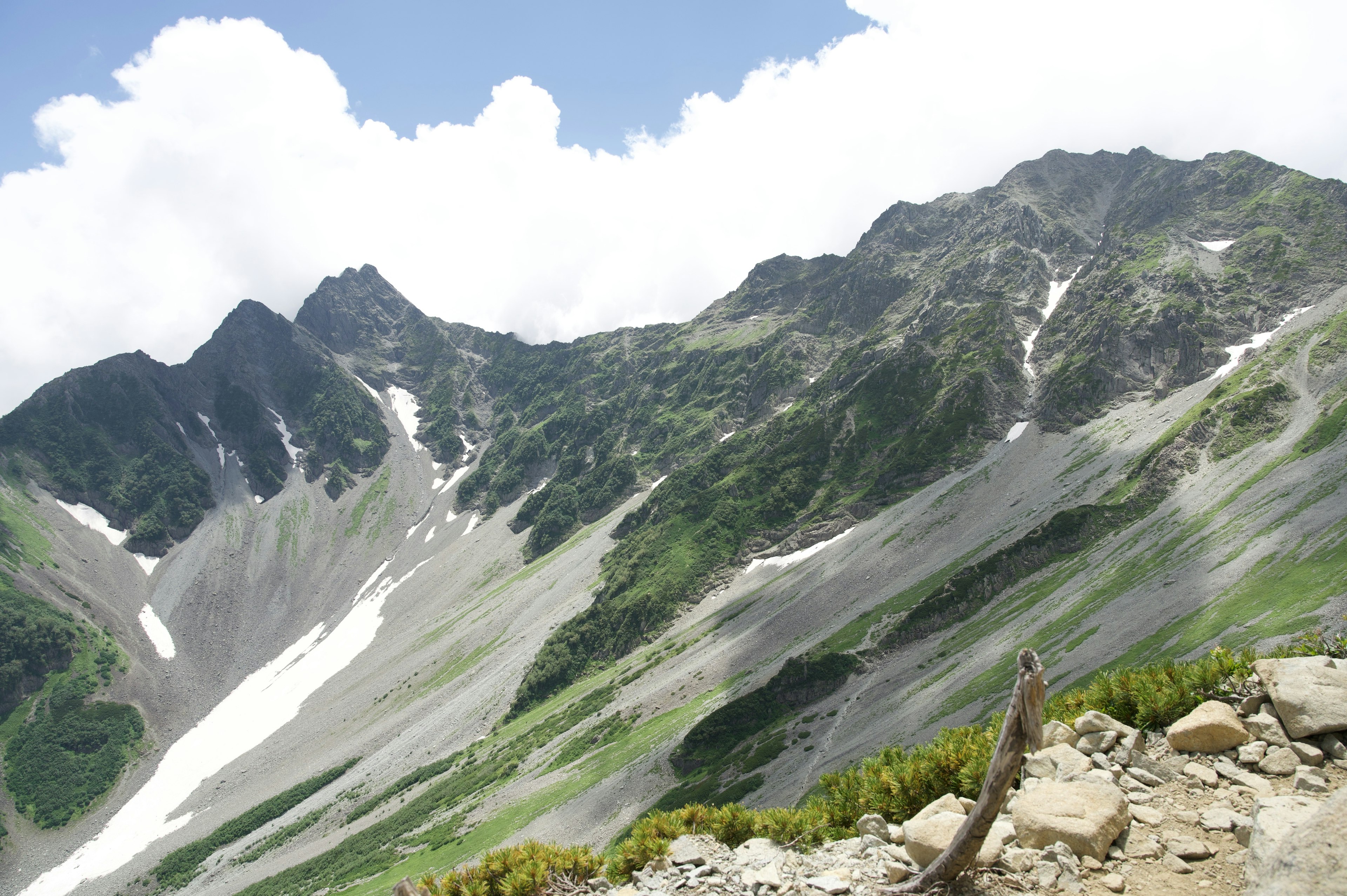 Scenic view of lush green mountains with snow-capped peaks