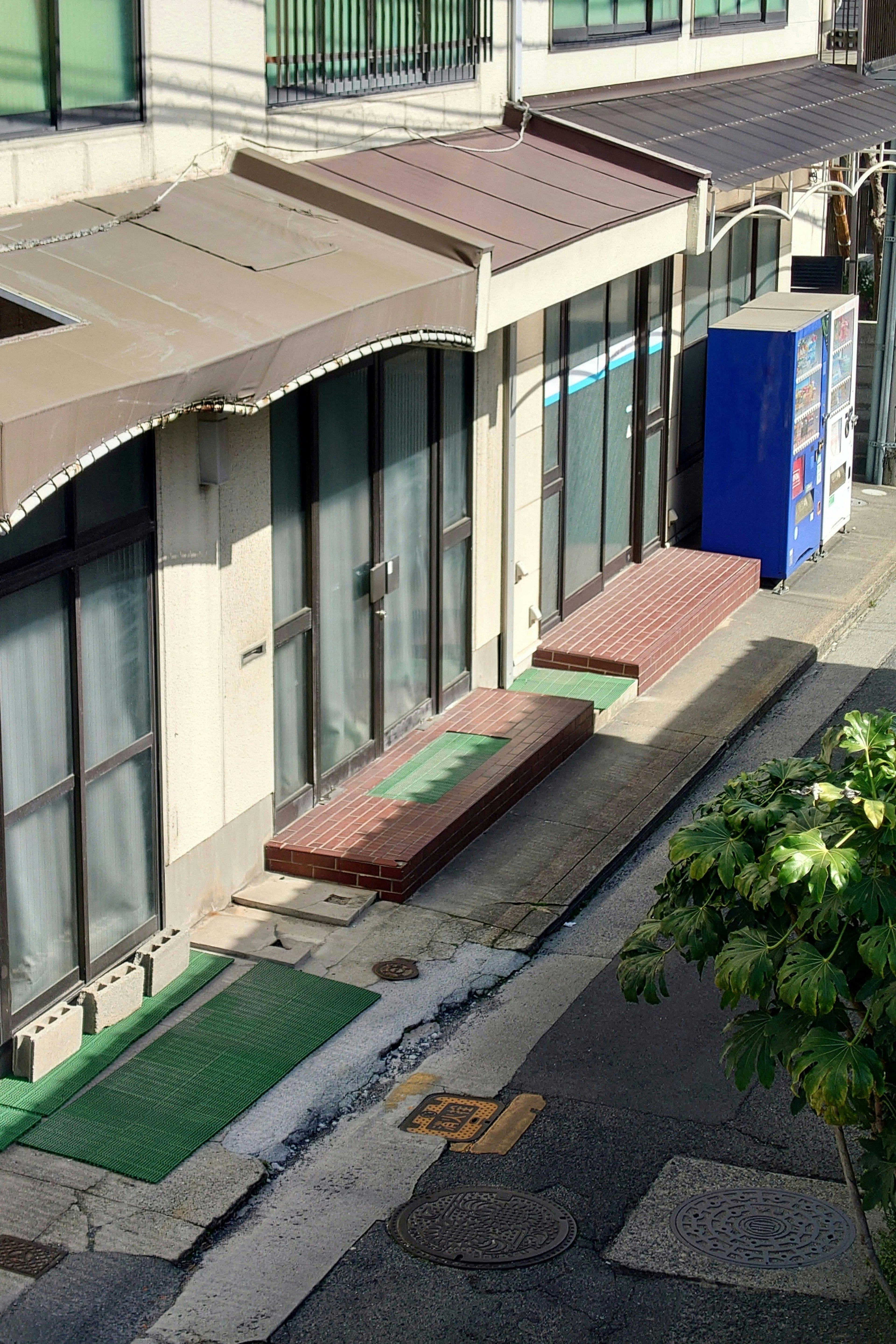 L'extérieur du bâtiment présente des fenêtres en verre et un auvent avec un trottoir et des tapis verts devant