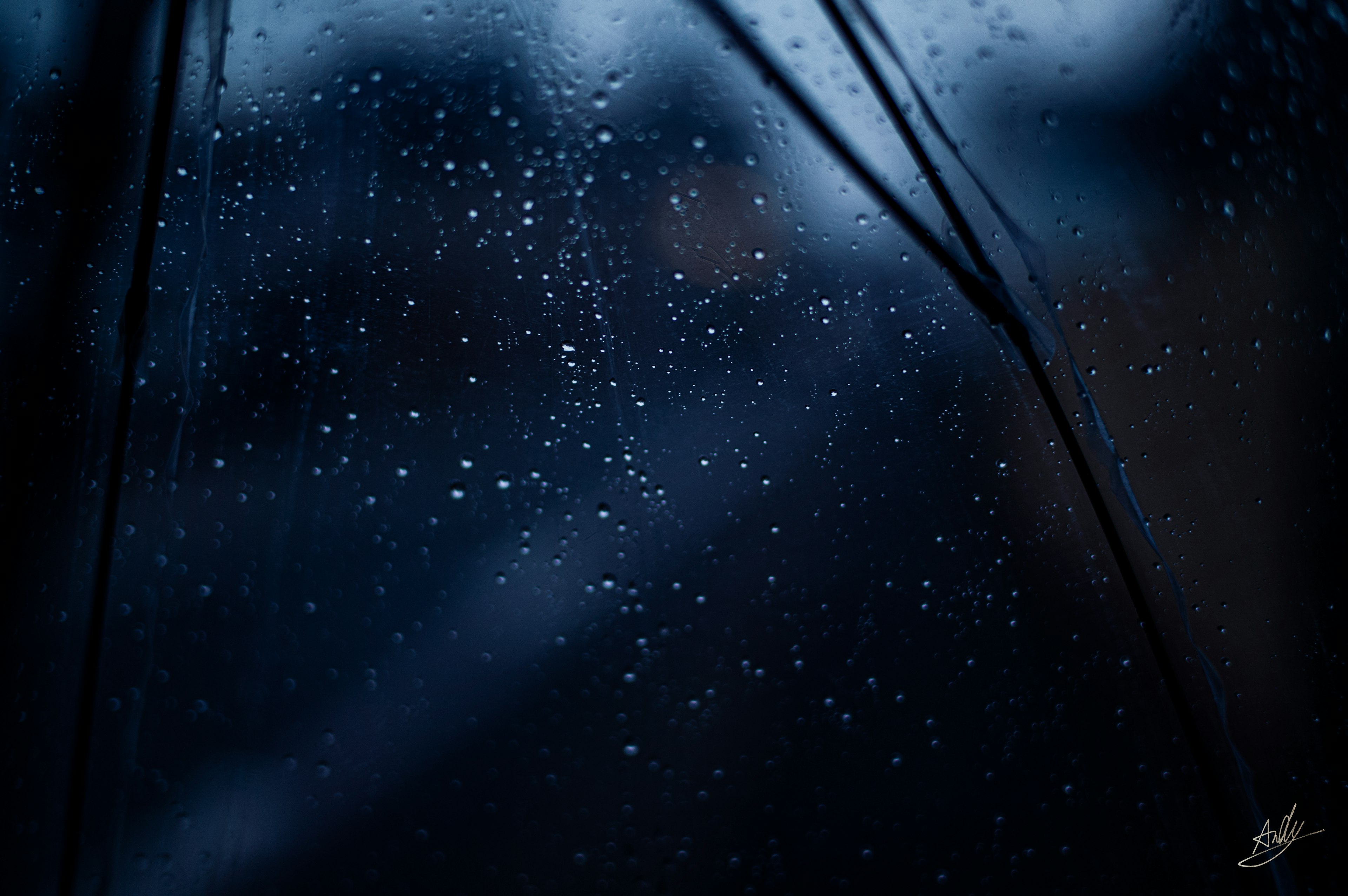 Close-up of raindrops on an umbrella from the inside