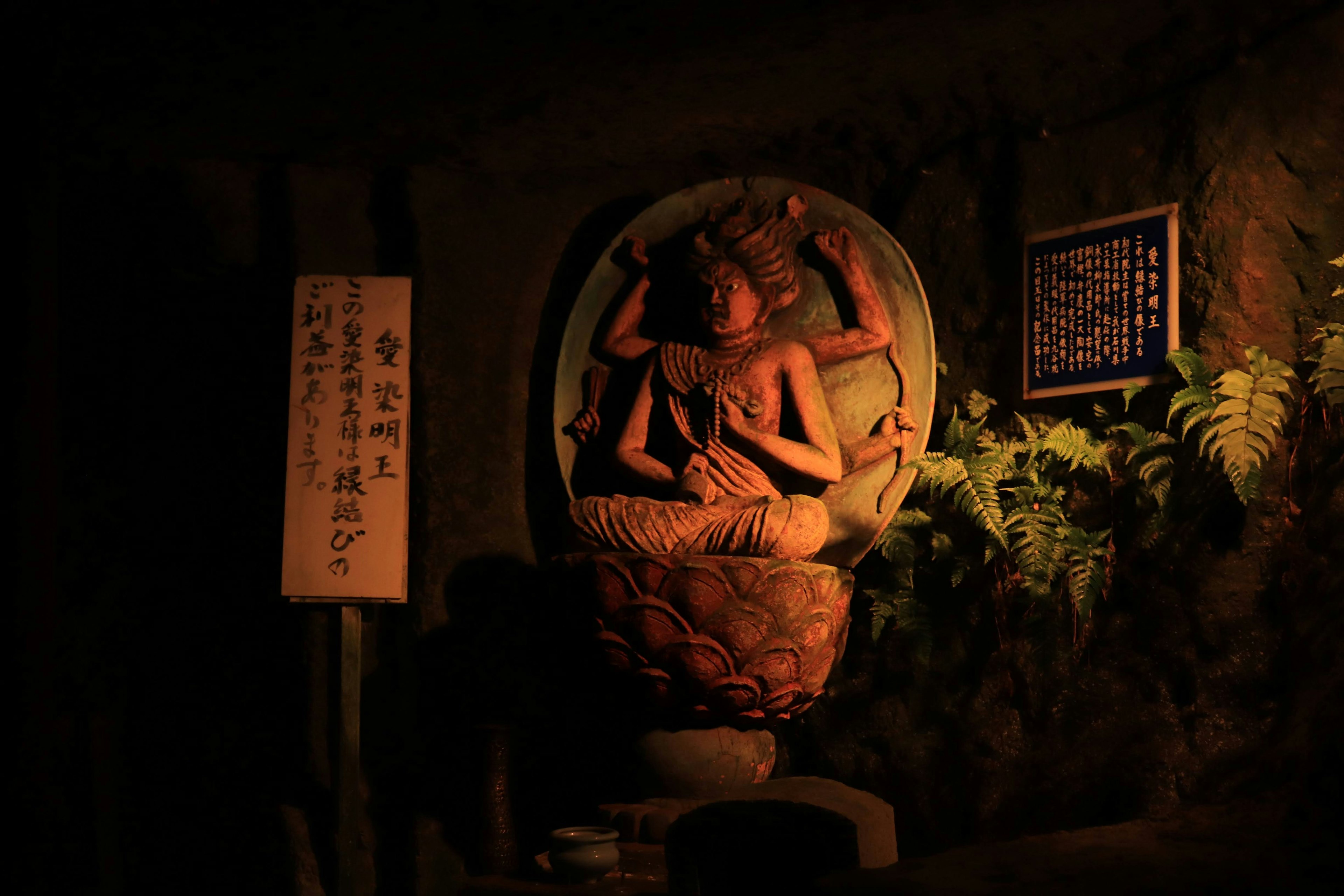 Sculpted figure in a dark cave with ferns and a wooden sign