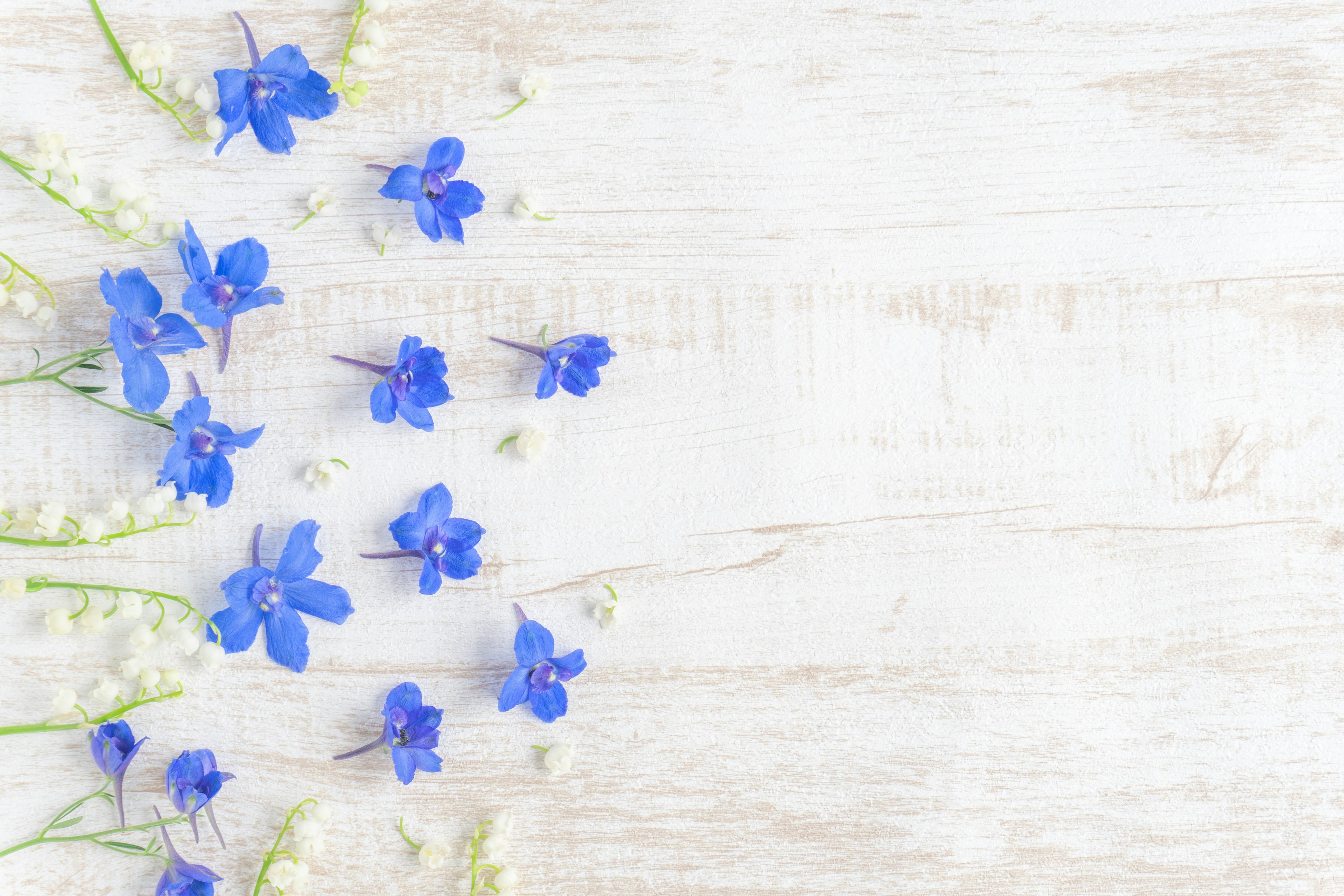 Scattered blue flowers on a wooden table surface