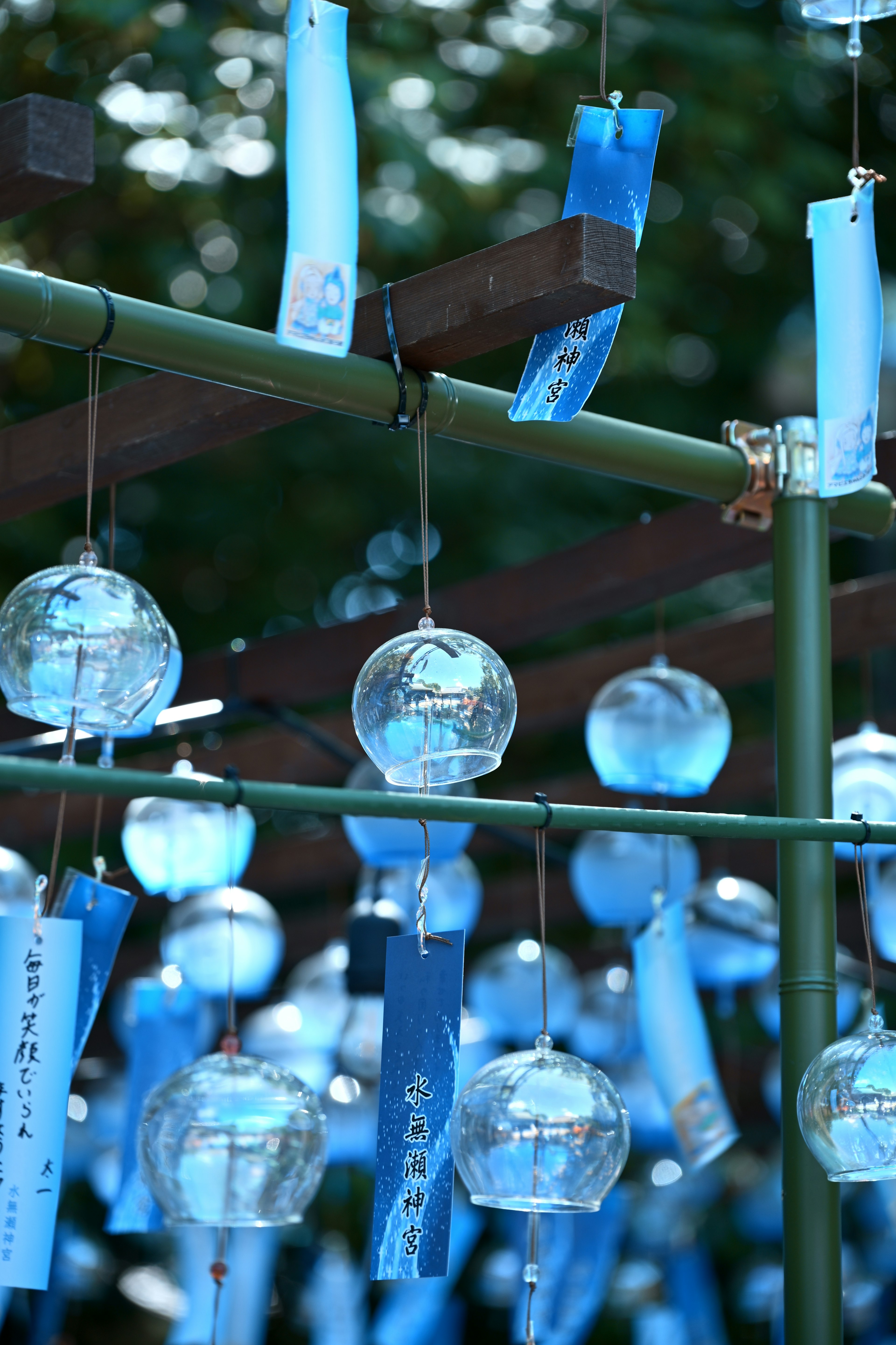 A collection of blue wind chimes and tanzaku hanging