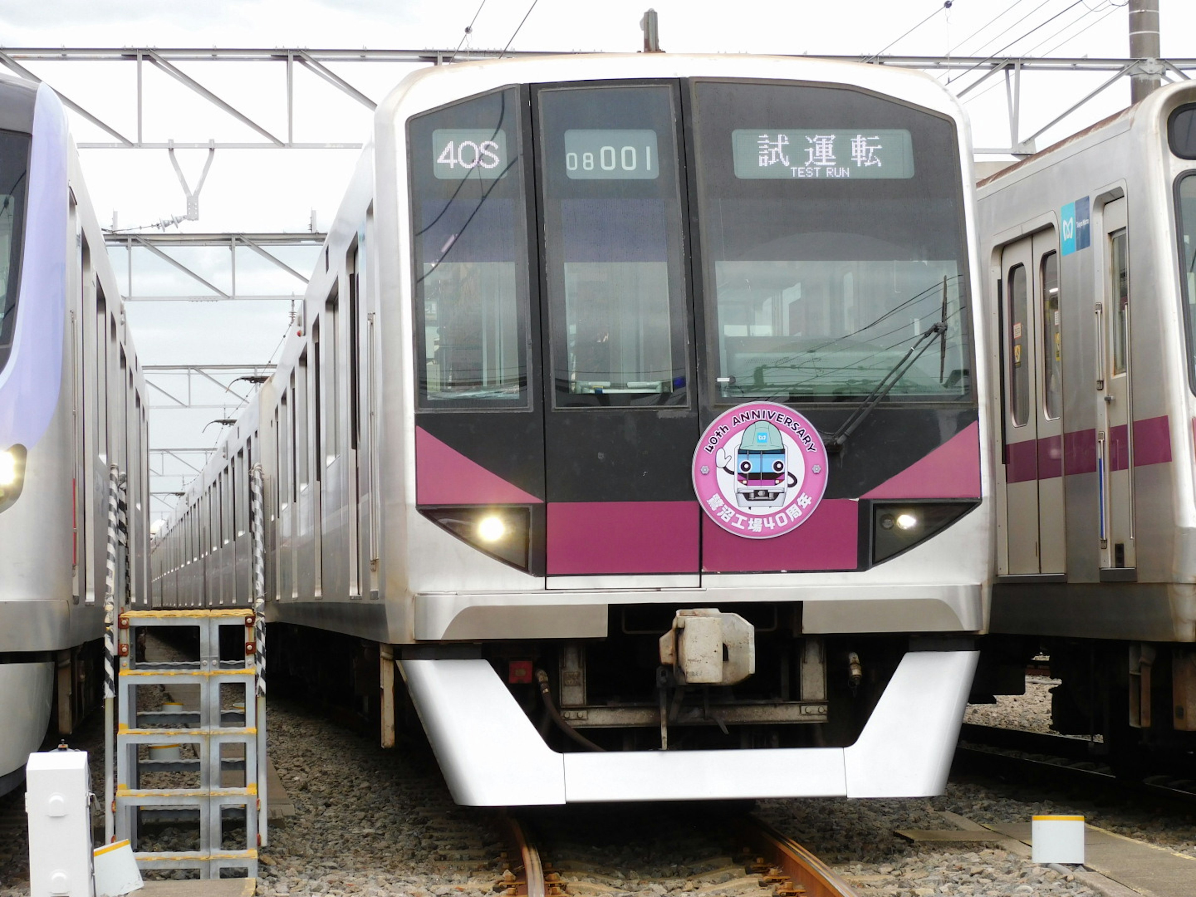 A purple and white train is parked on the tracks