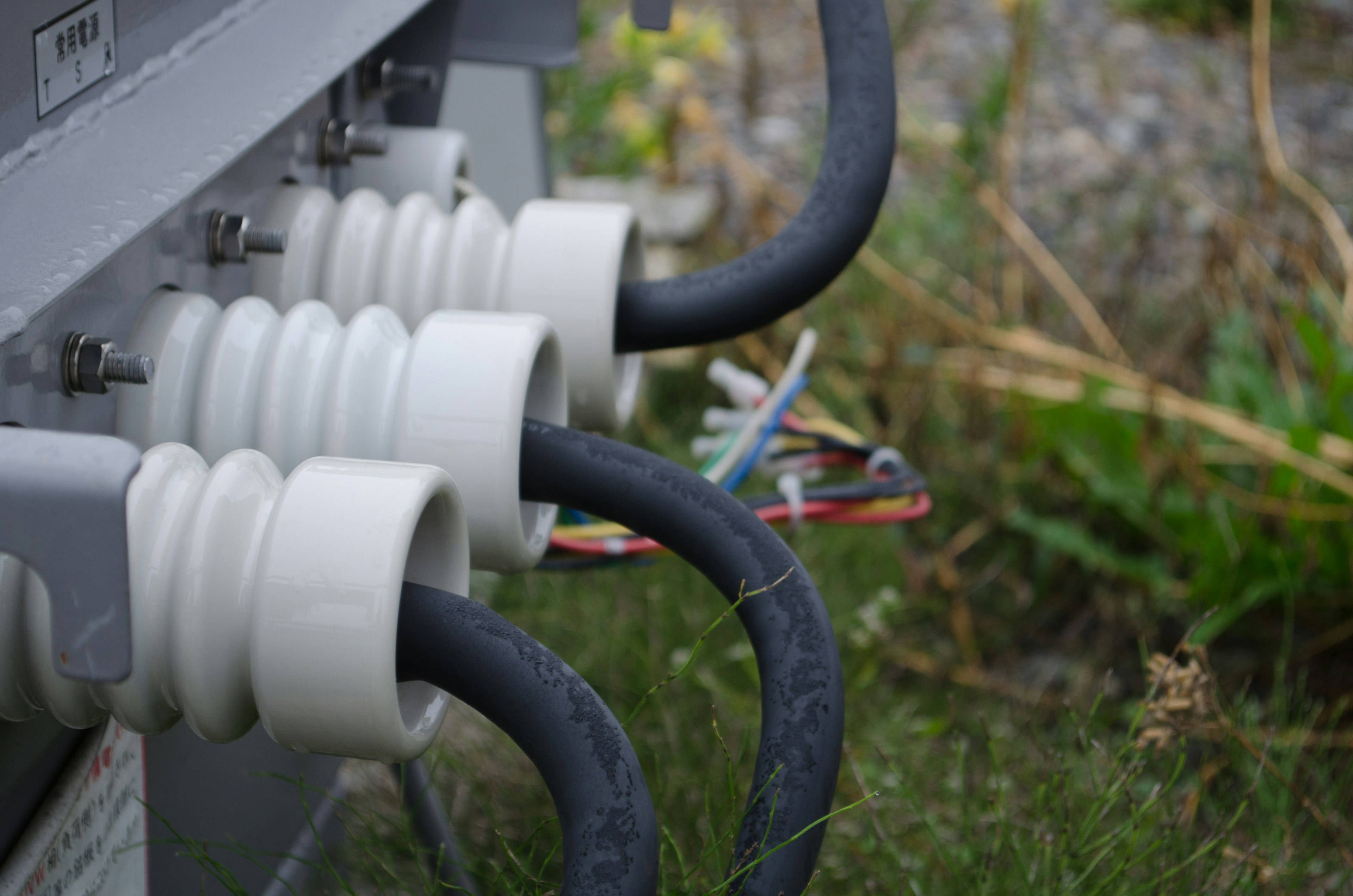 Multiple black cables connected to electrical equipment with white insulators