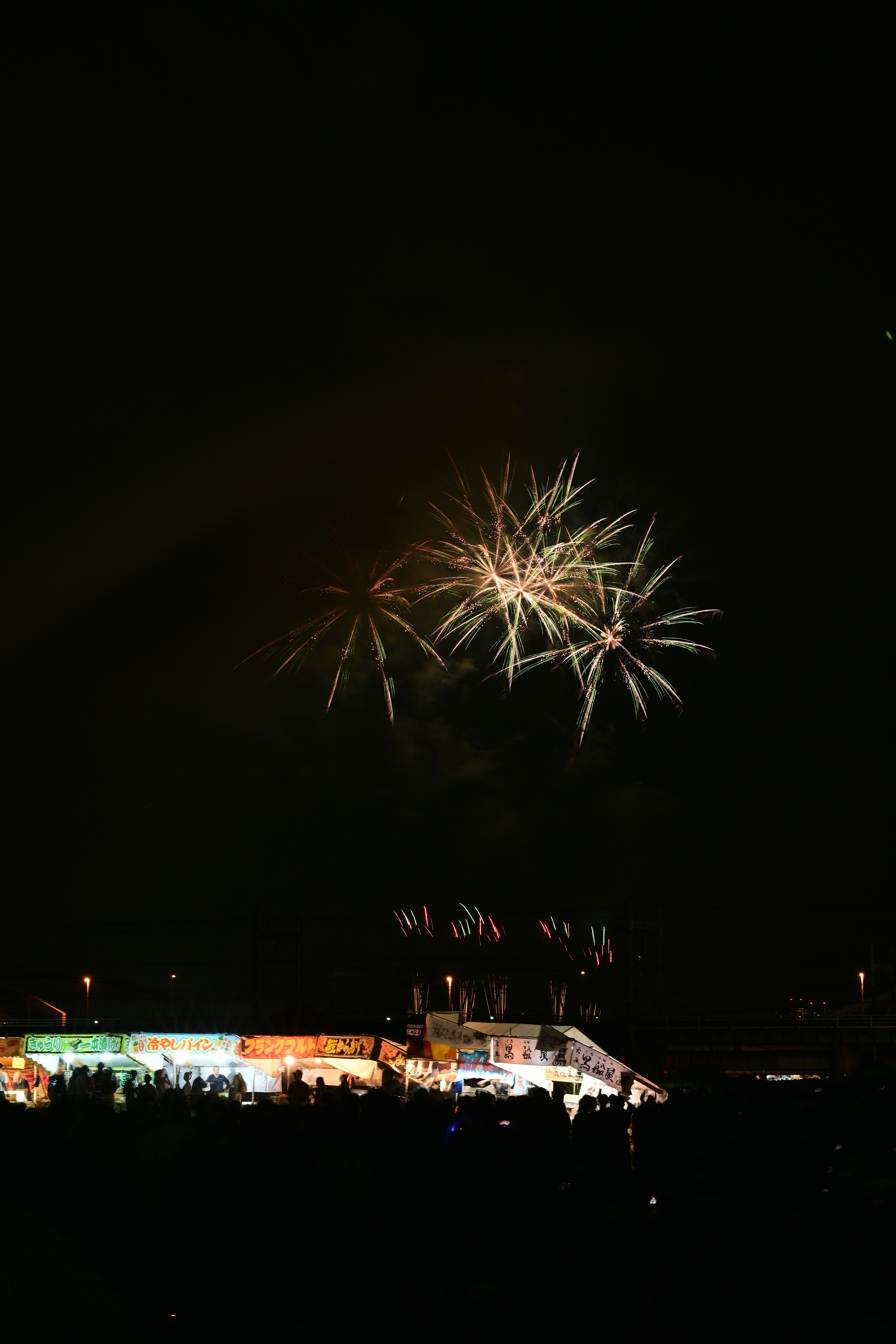 Feuerwerk erhellt den Nachthimmel mit Silhouetten von Zuschauern