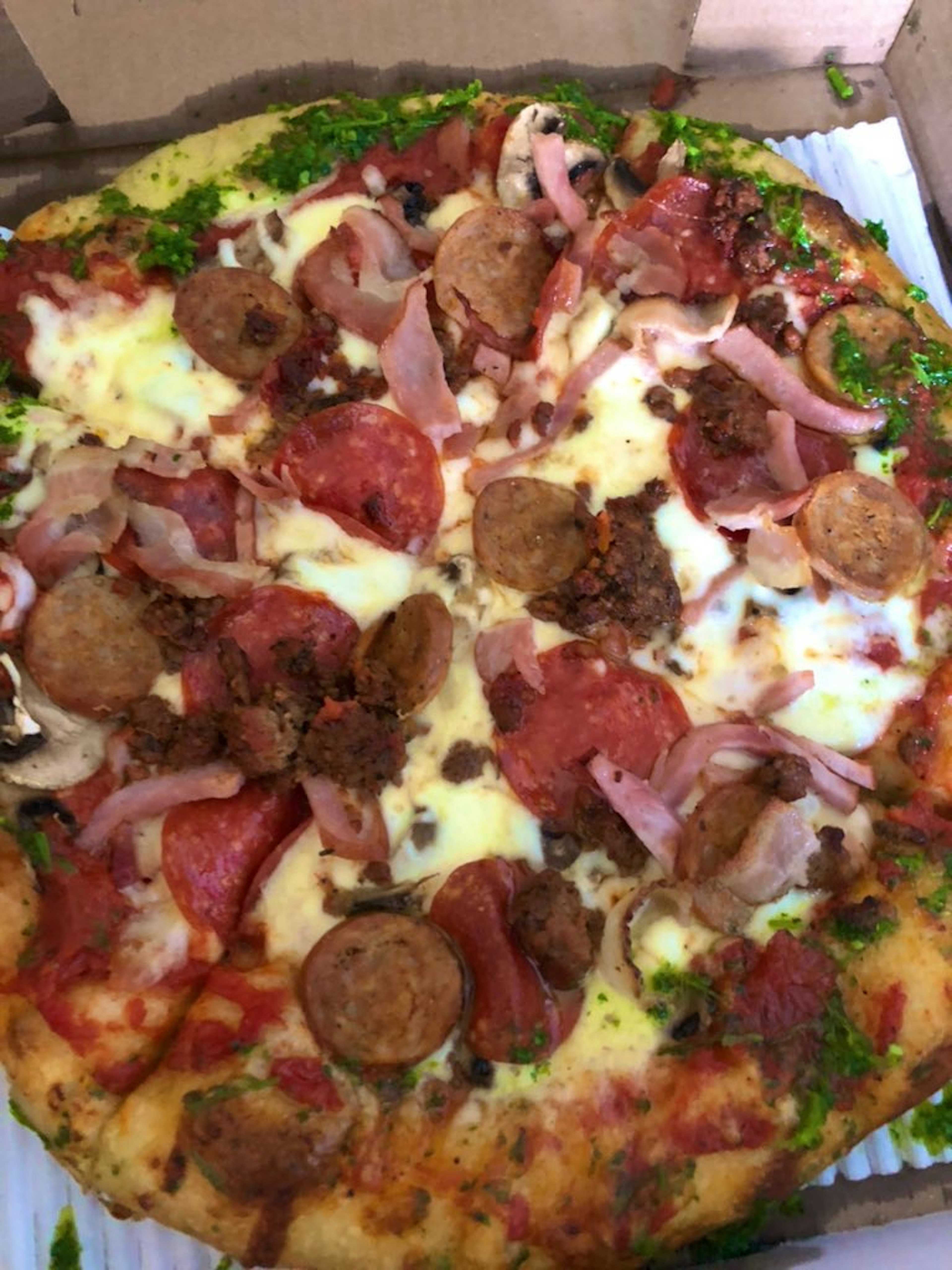 Leckere Pizza belegt mit Käse Wurst Schinken und Gemüse