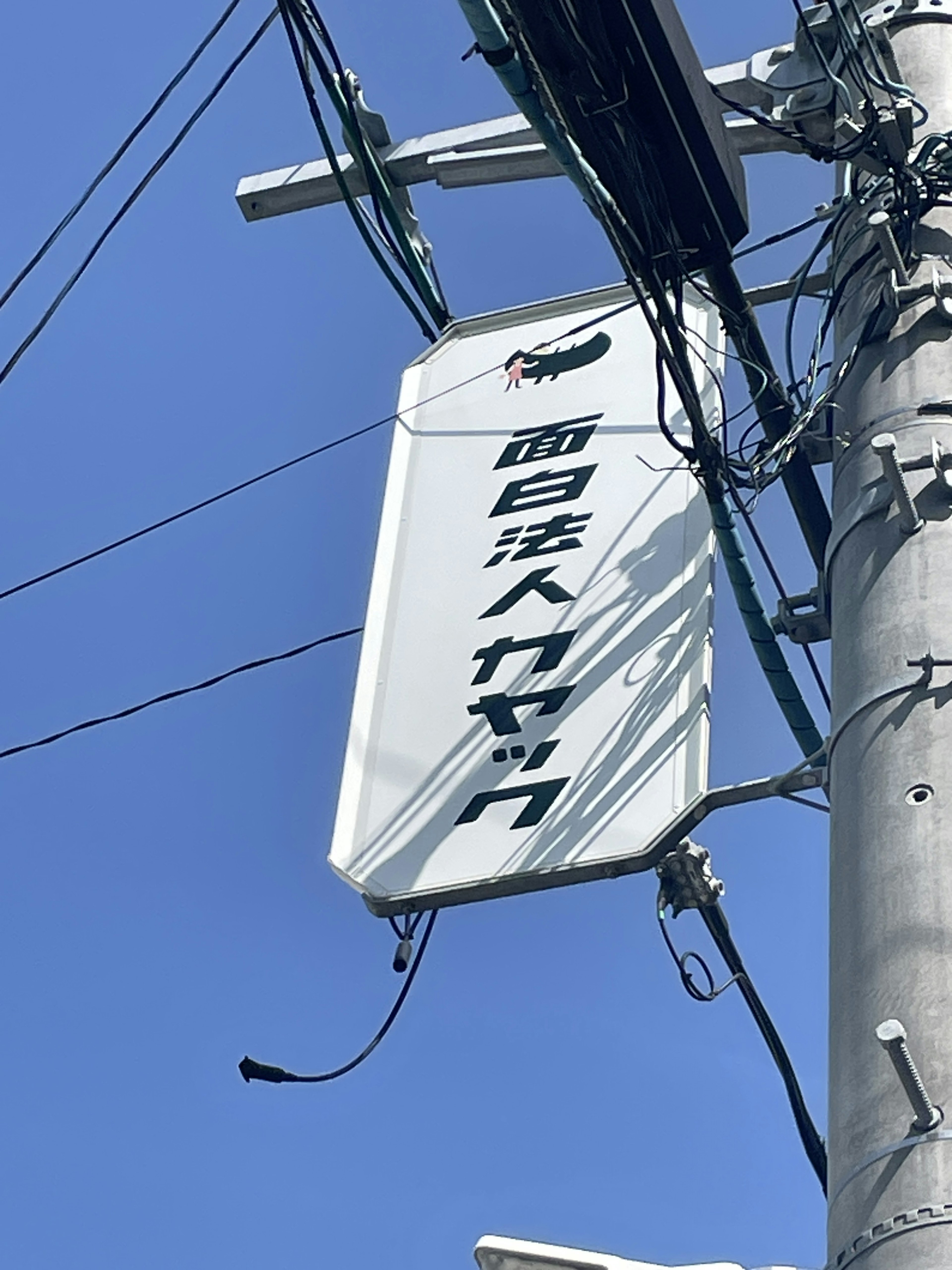 White sign mounted on a utility pole under a clear blue sky