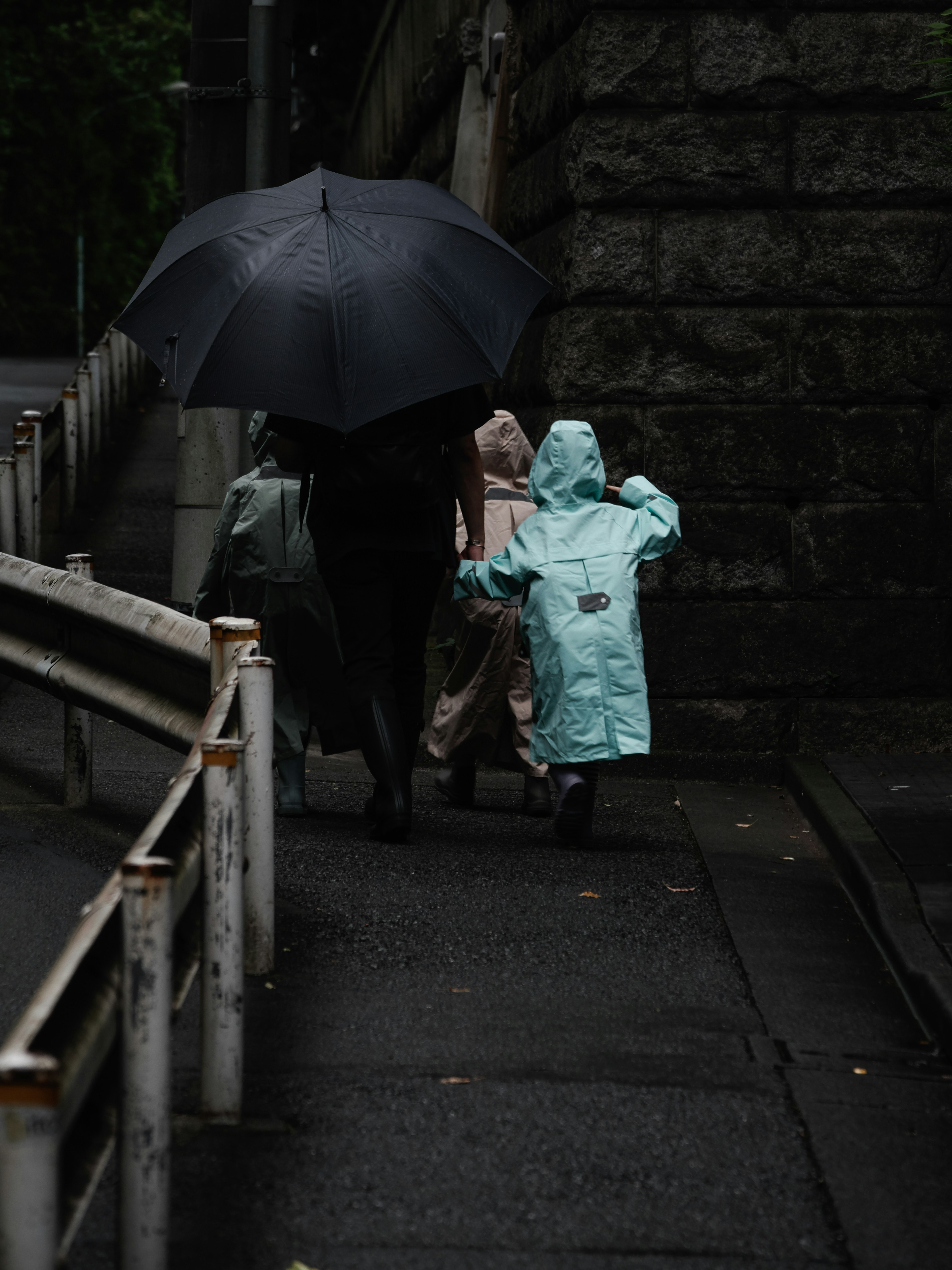 傘をさした人々が雨の中を歩いている様子