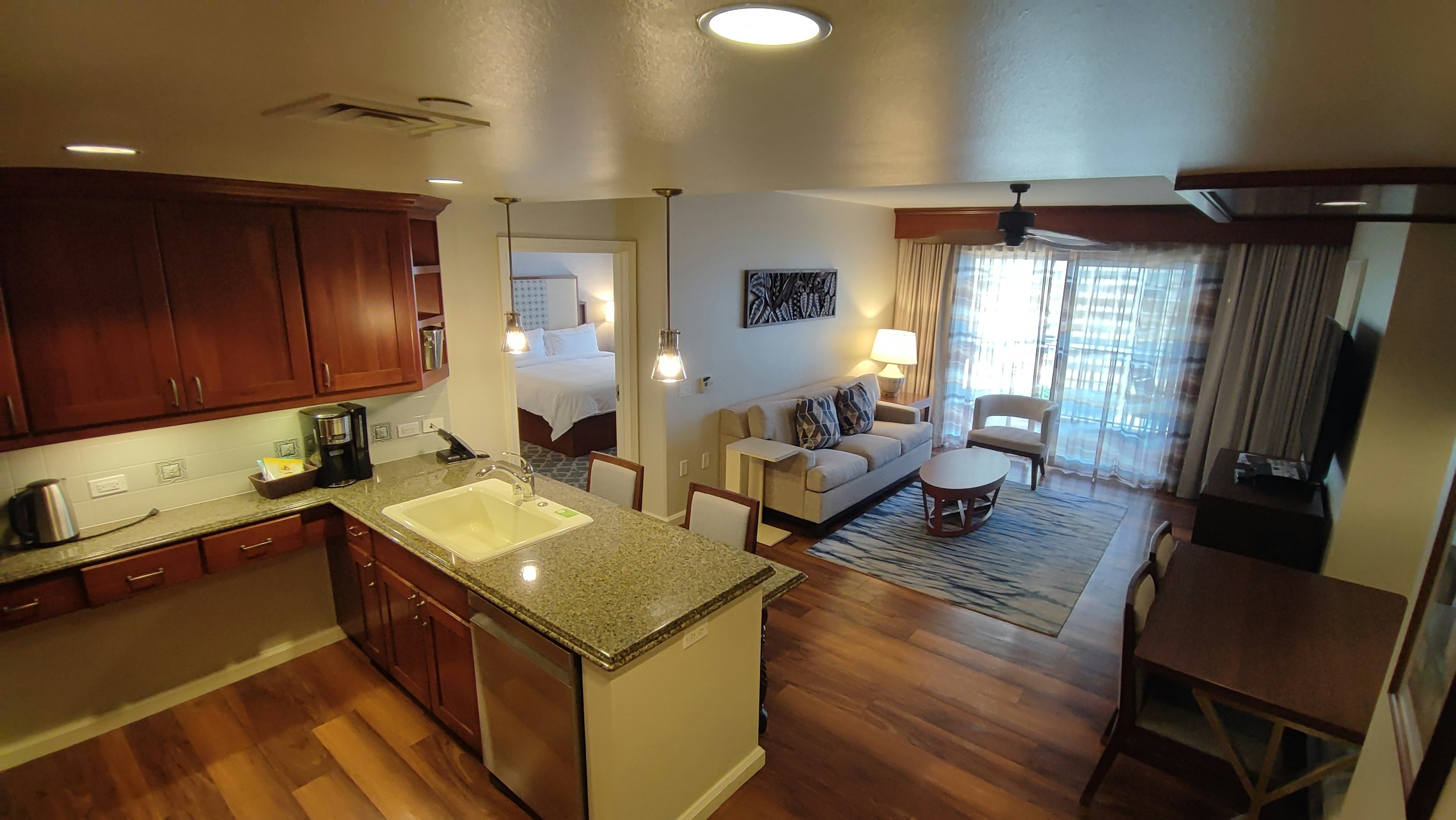 View of a spacious kitchen and living room area from above