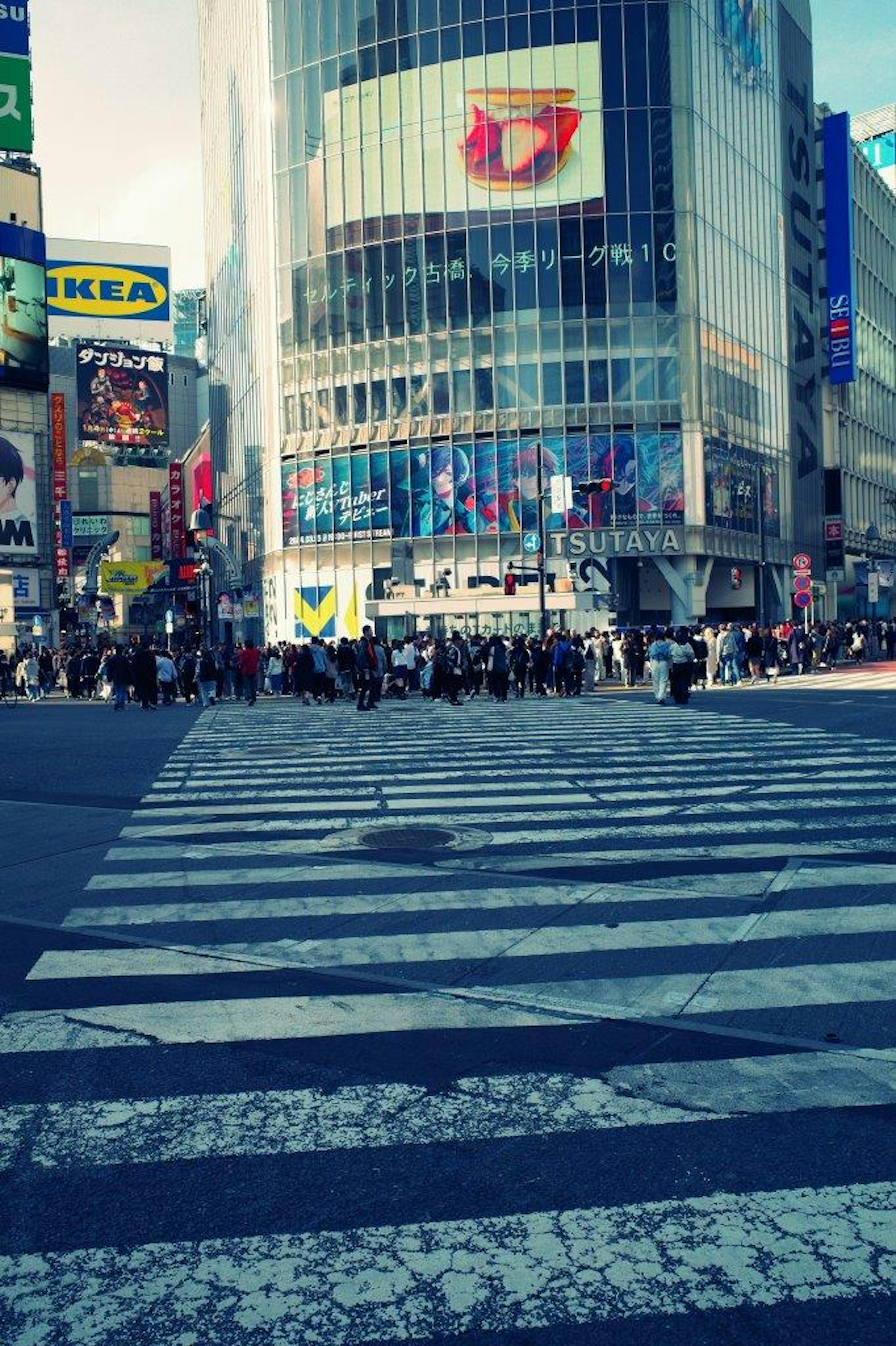 Shibuya Crossing with pedestrian crosswalk and urban buildings