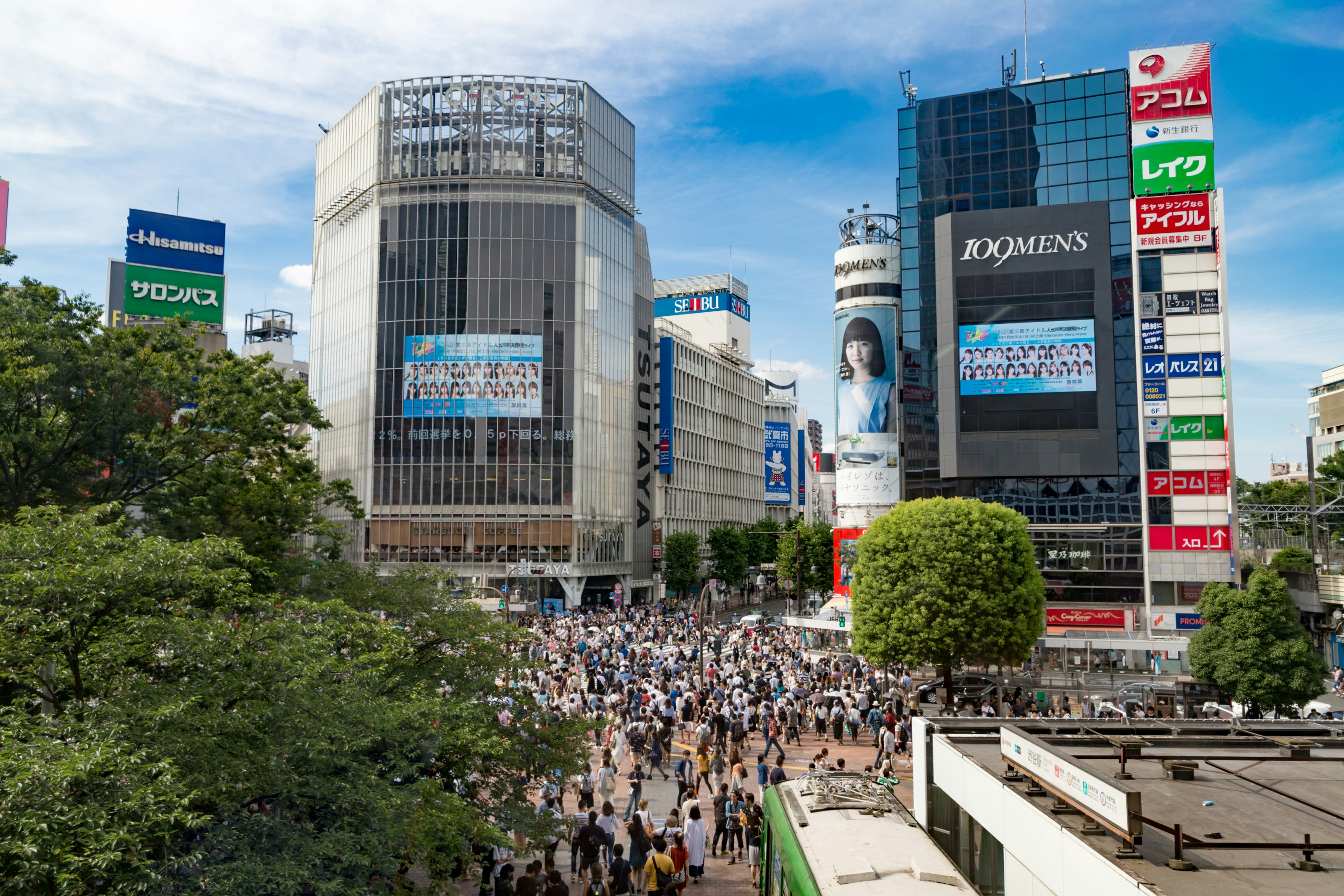 Crowd of people at Shibuya Crossing with skyscrapers