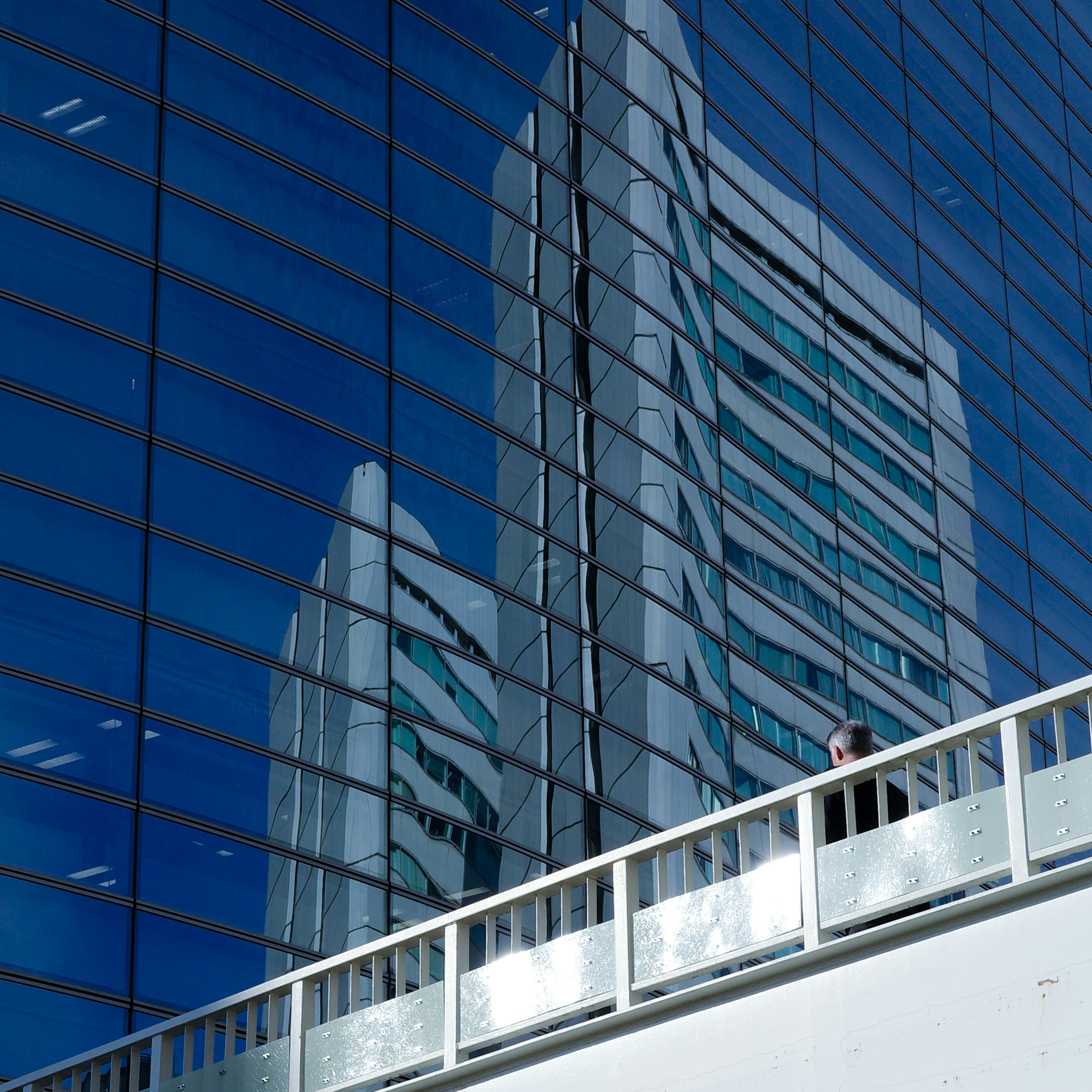 Riflesso di edifici su una facciata in vetro blu