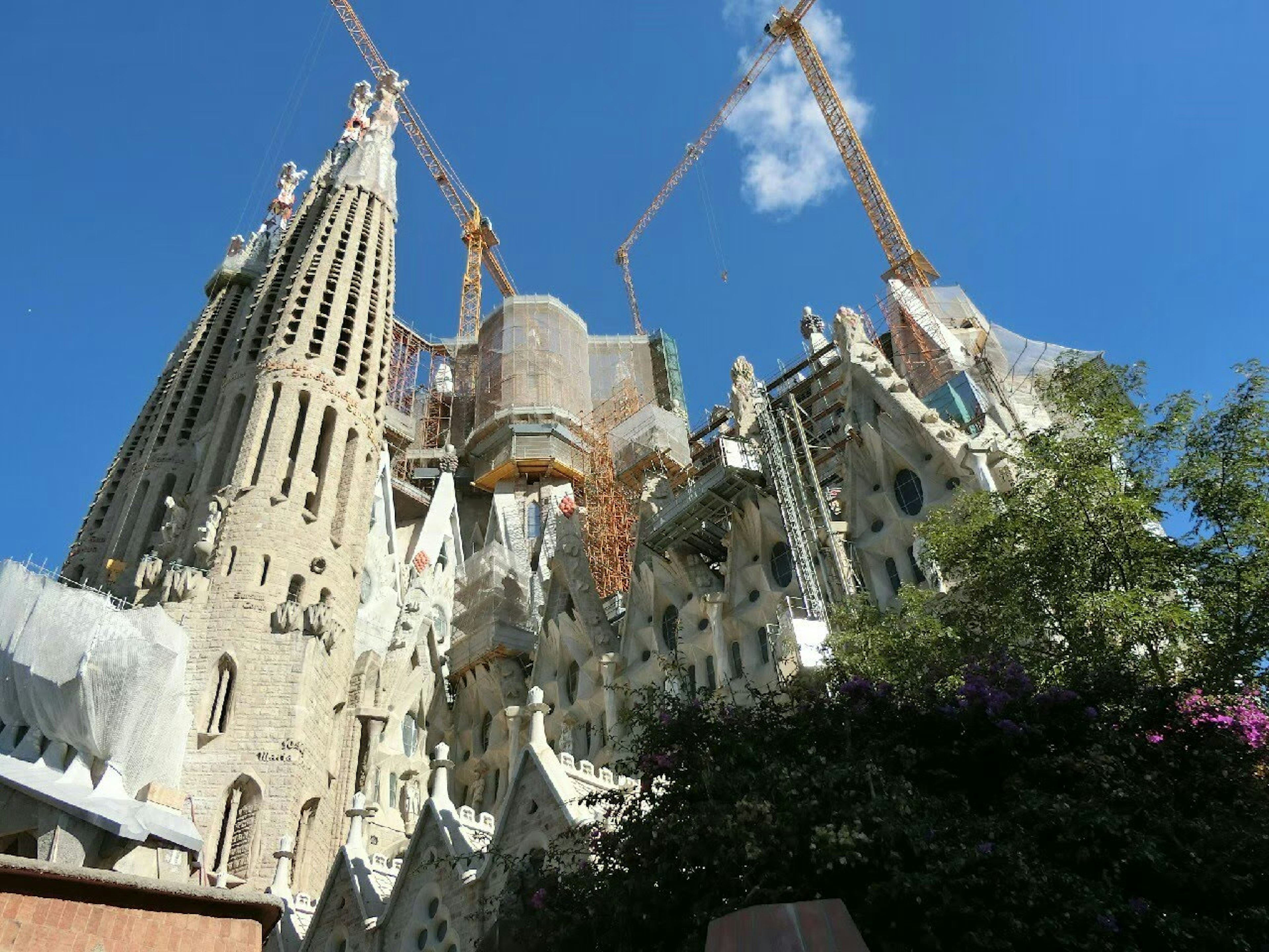 Vue de la construction de la Sagrada Familia avec des grues visibles