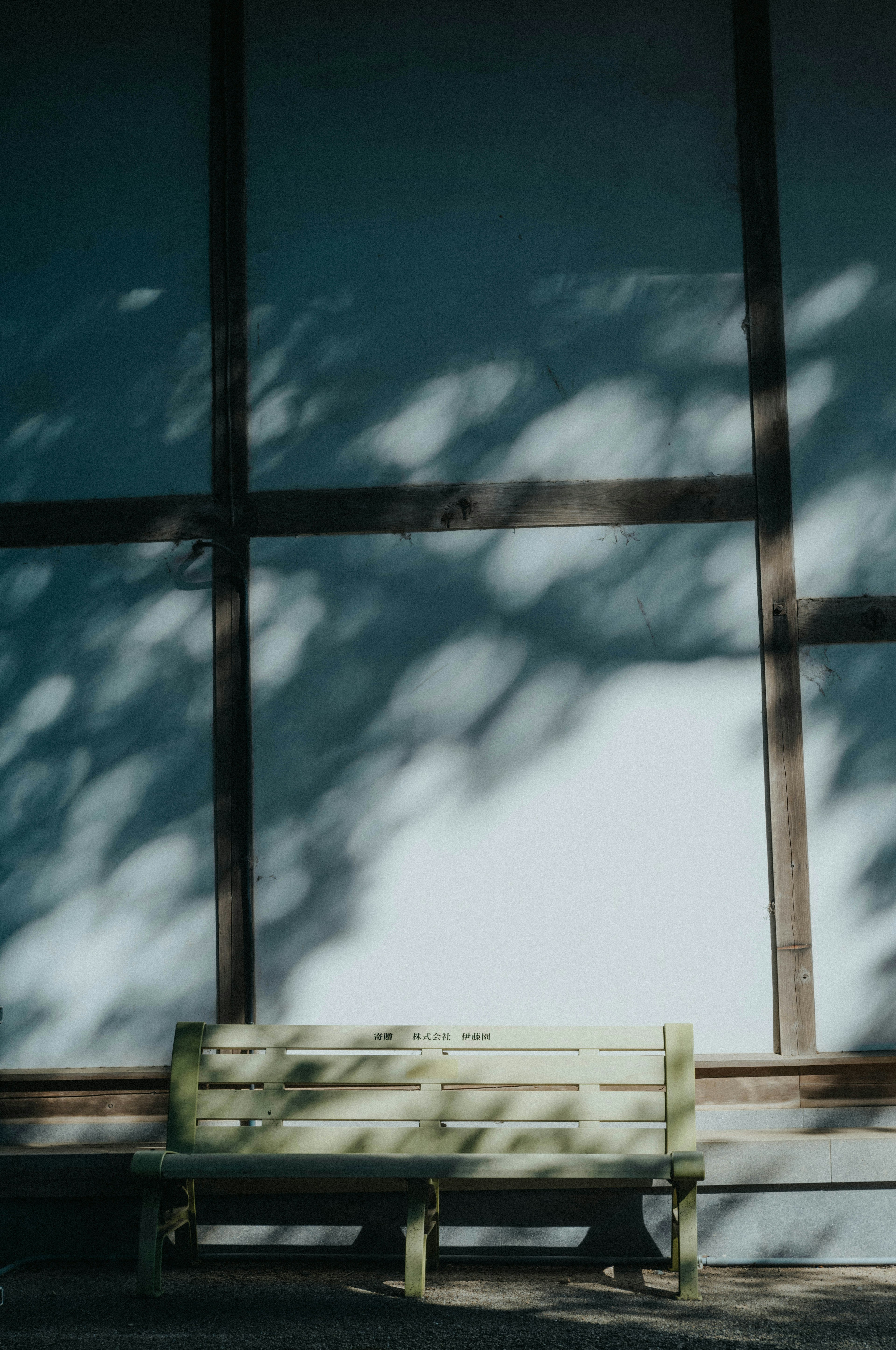 A wooden bench in front of a wall with shadows creating a serene atmosphere