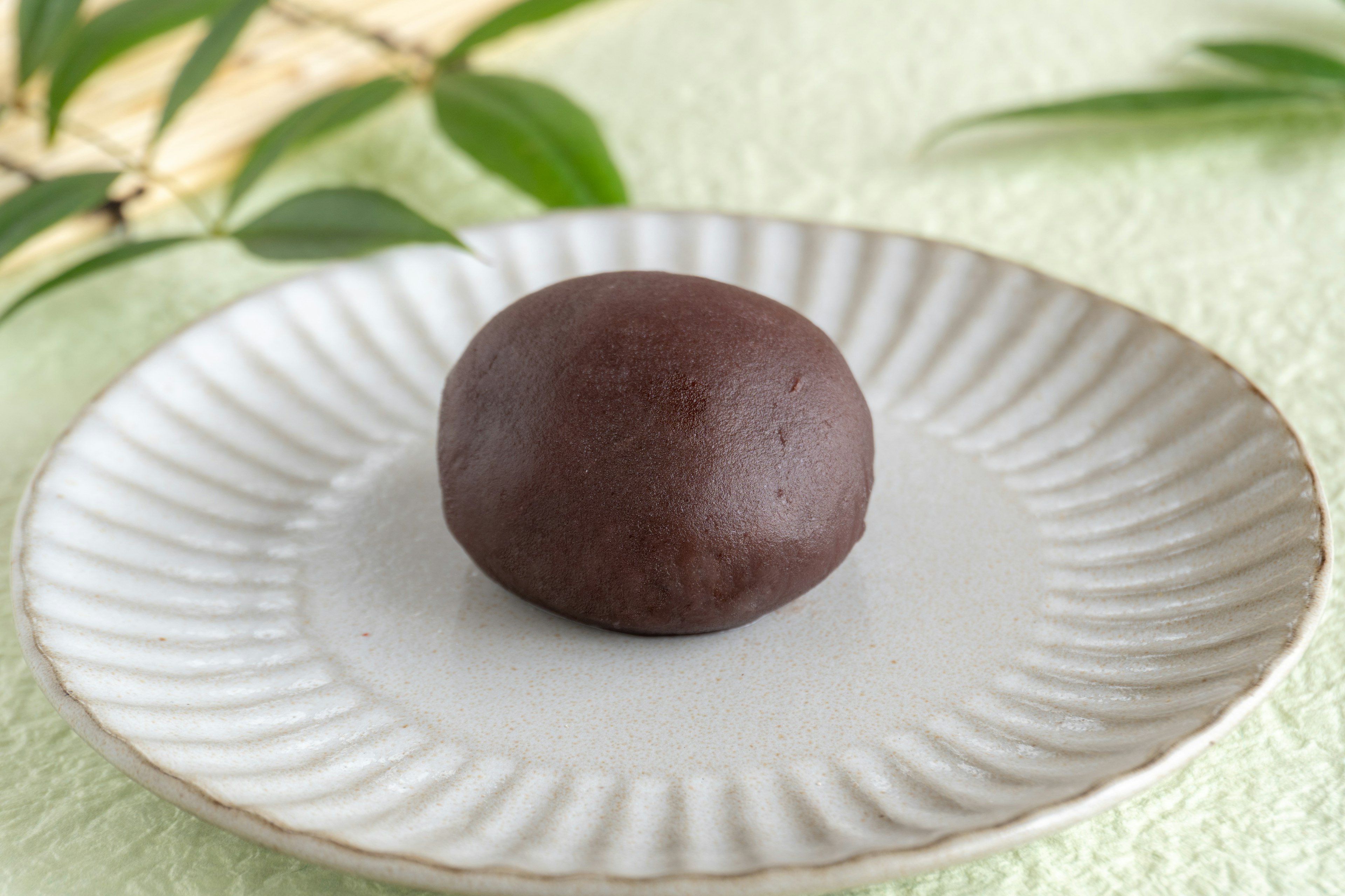 Dulce japonés redondo marrón en un plato blanco con fondo verde