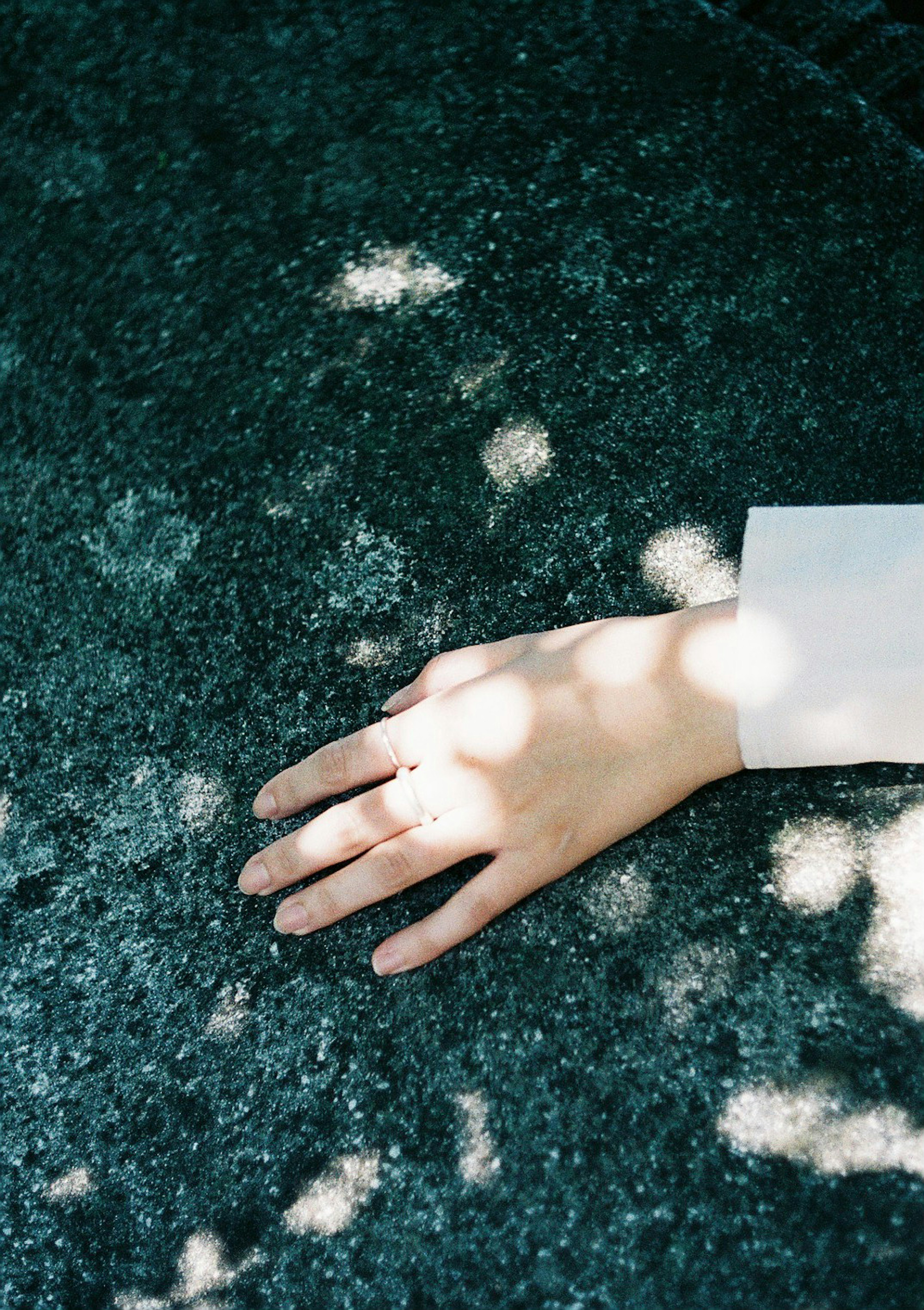 A hand resting on a textured surface with dappled sunlight