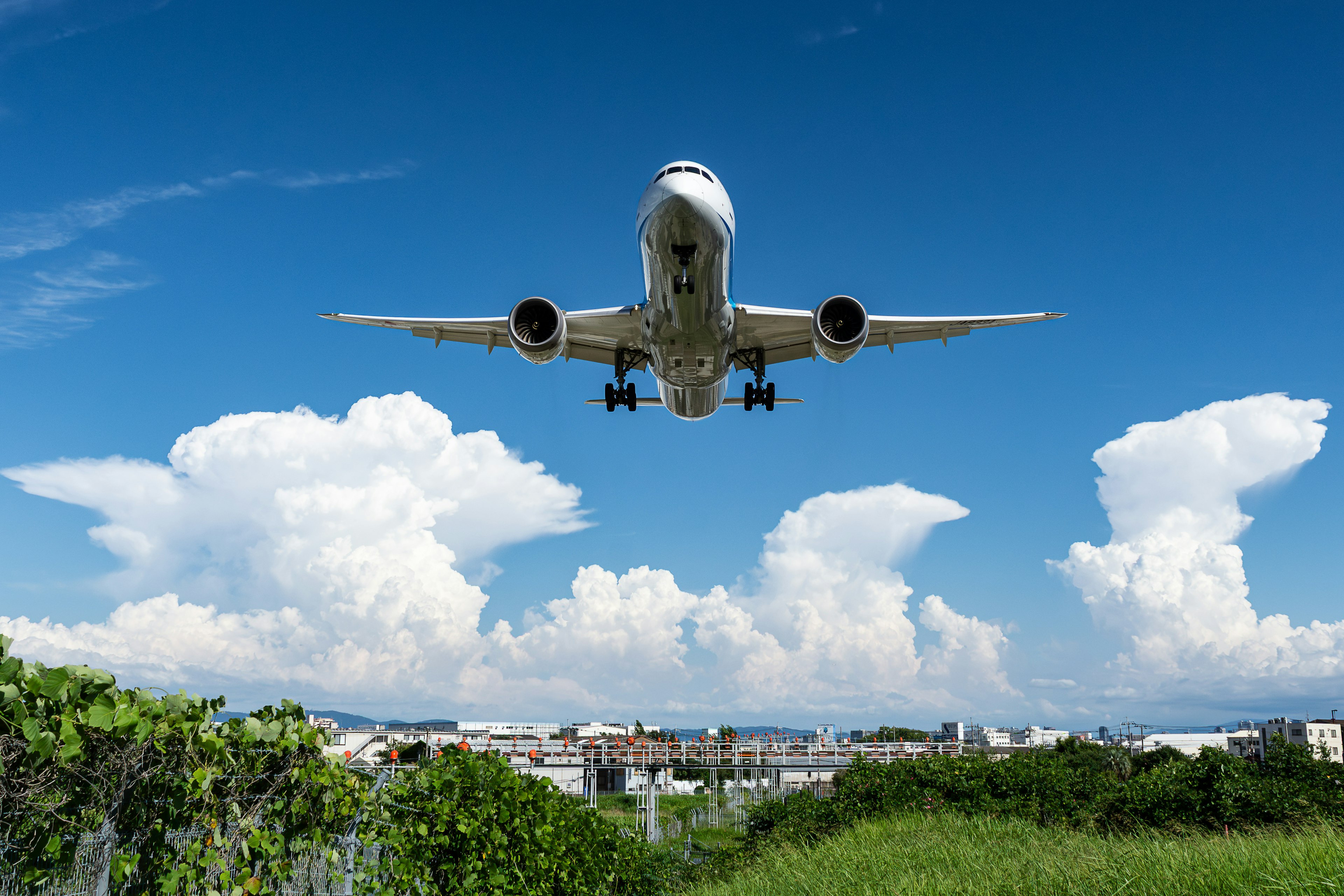 Airplane landing under a blue sky with green grass and white clouds in the background