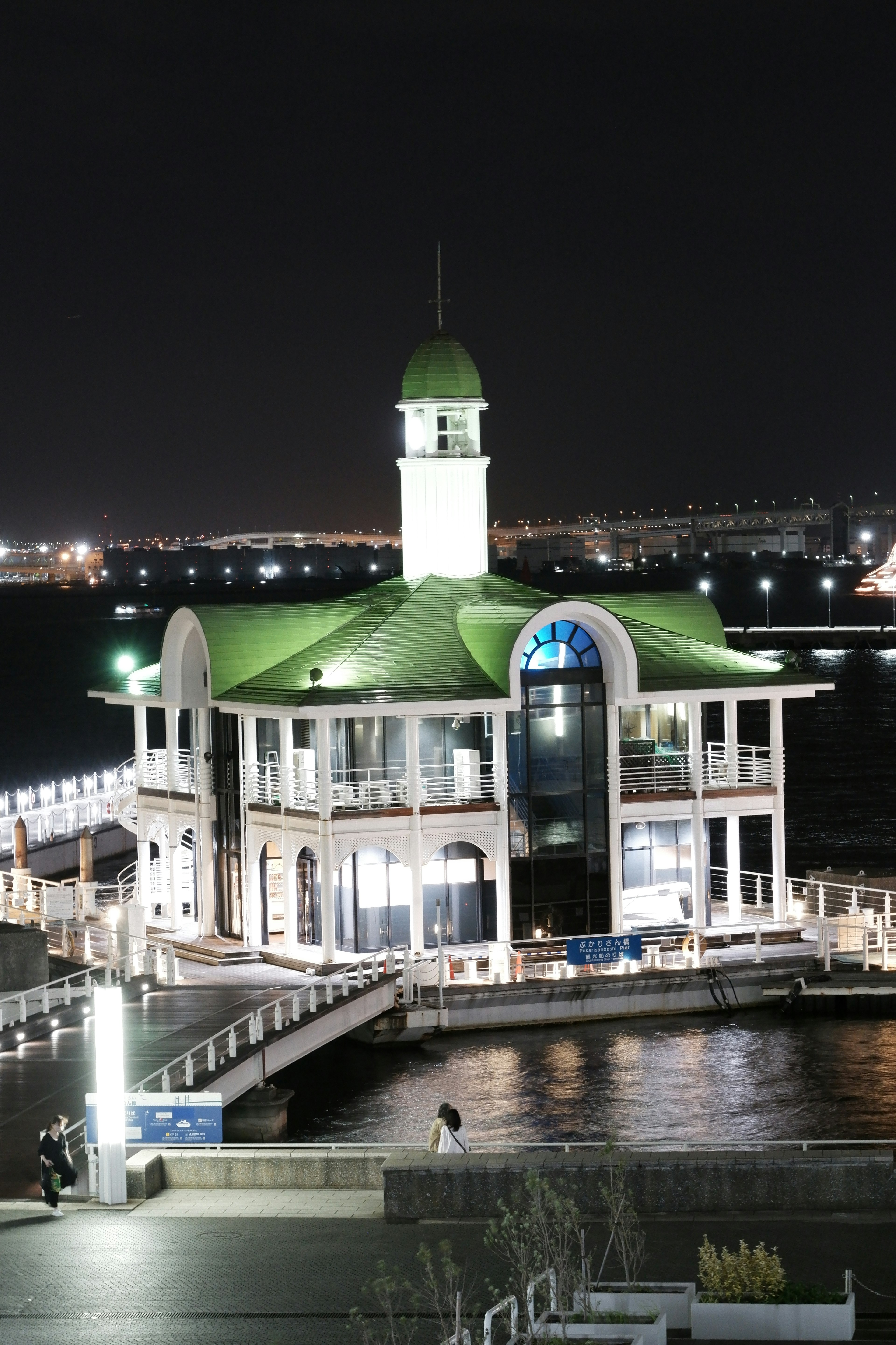 Green-roofed building by the seaside at night with a pier