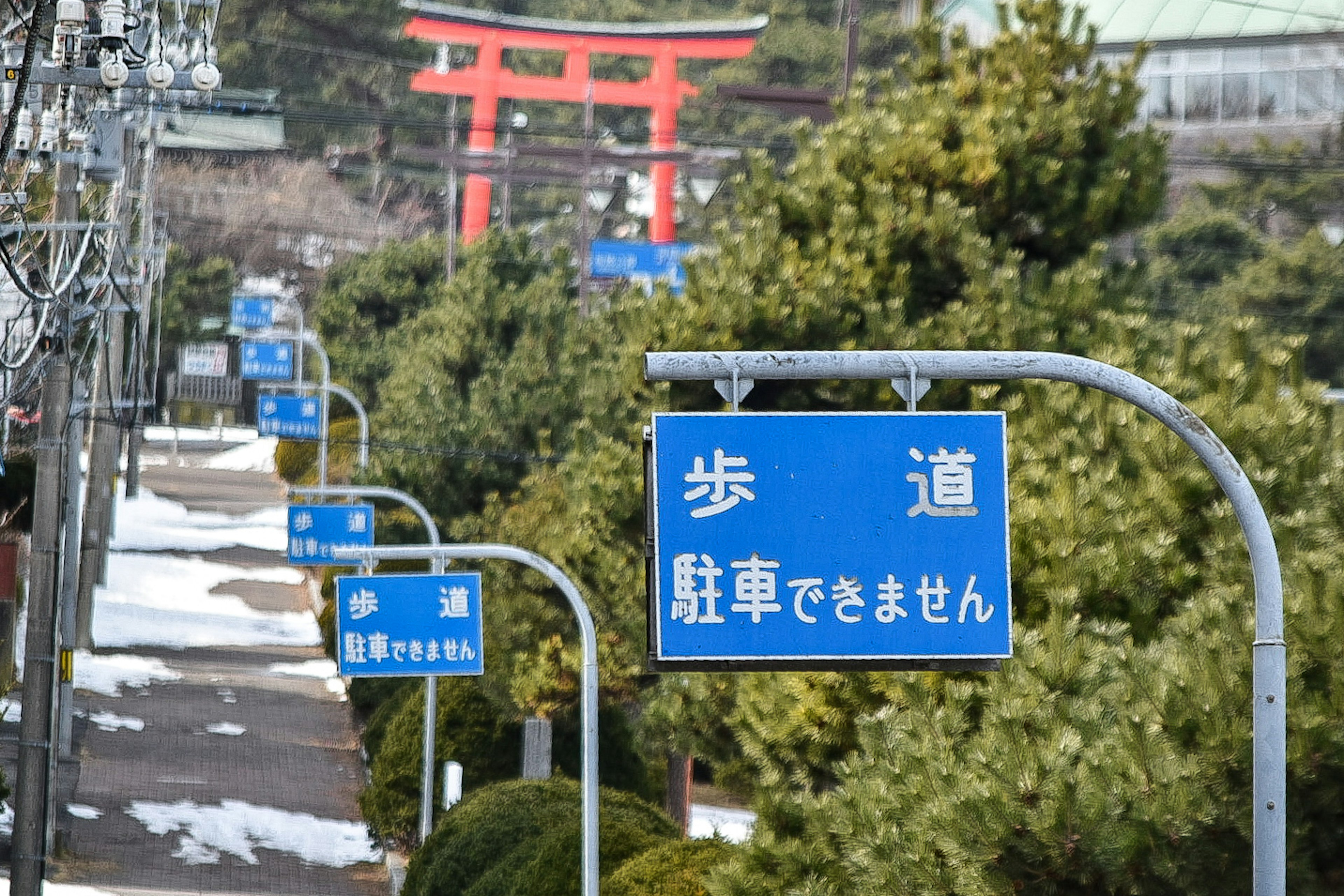 Une vue de panneaux bleus alignés le long d'un chemin piéton avec un torii en arrière-plan