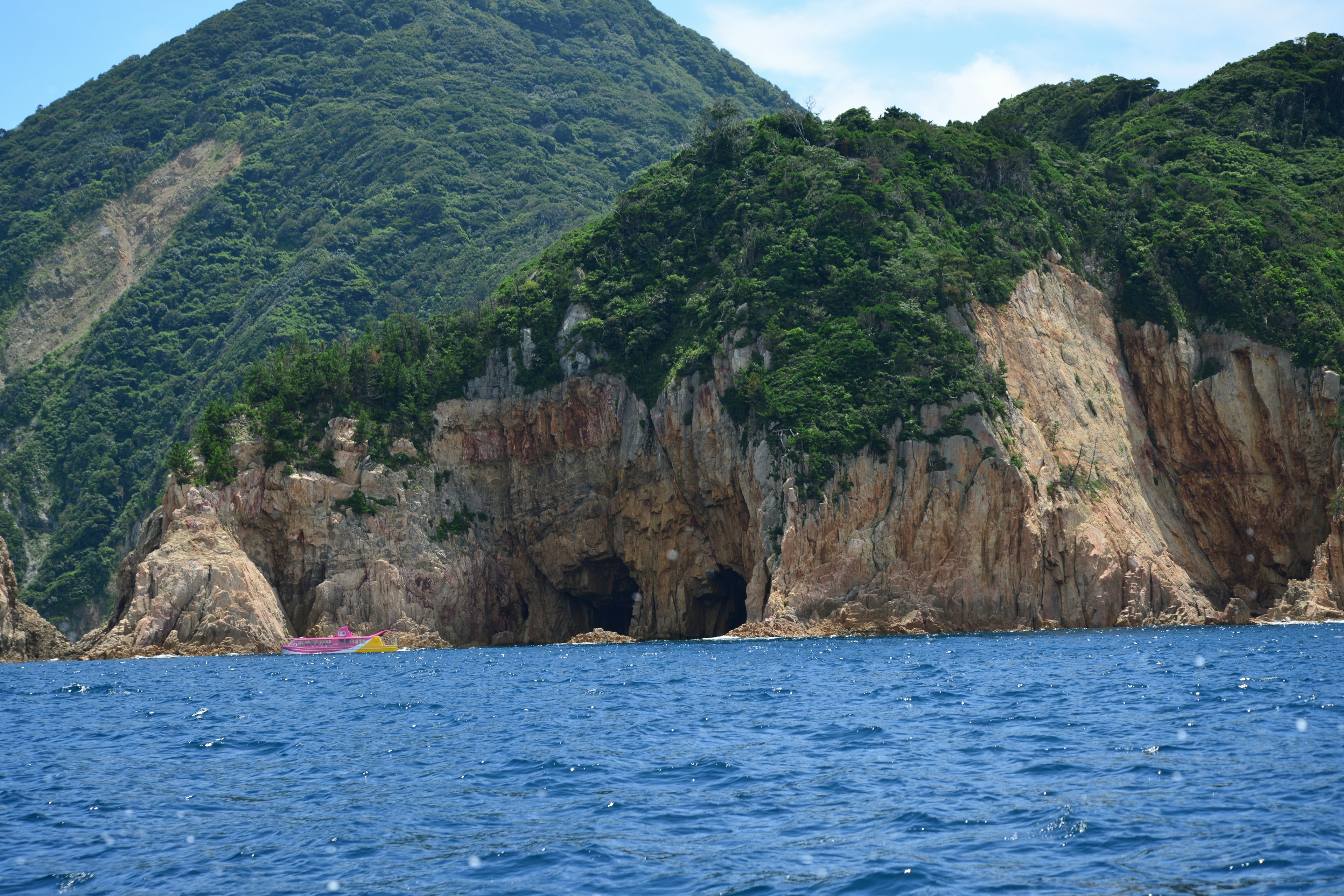 海洋旁边郁郁葱葱的山脉和岩石悬崖的风景