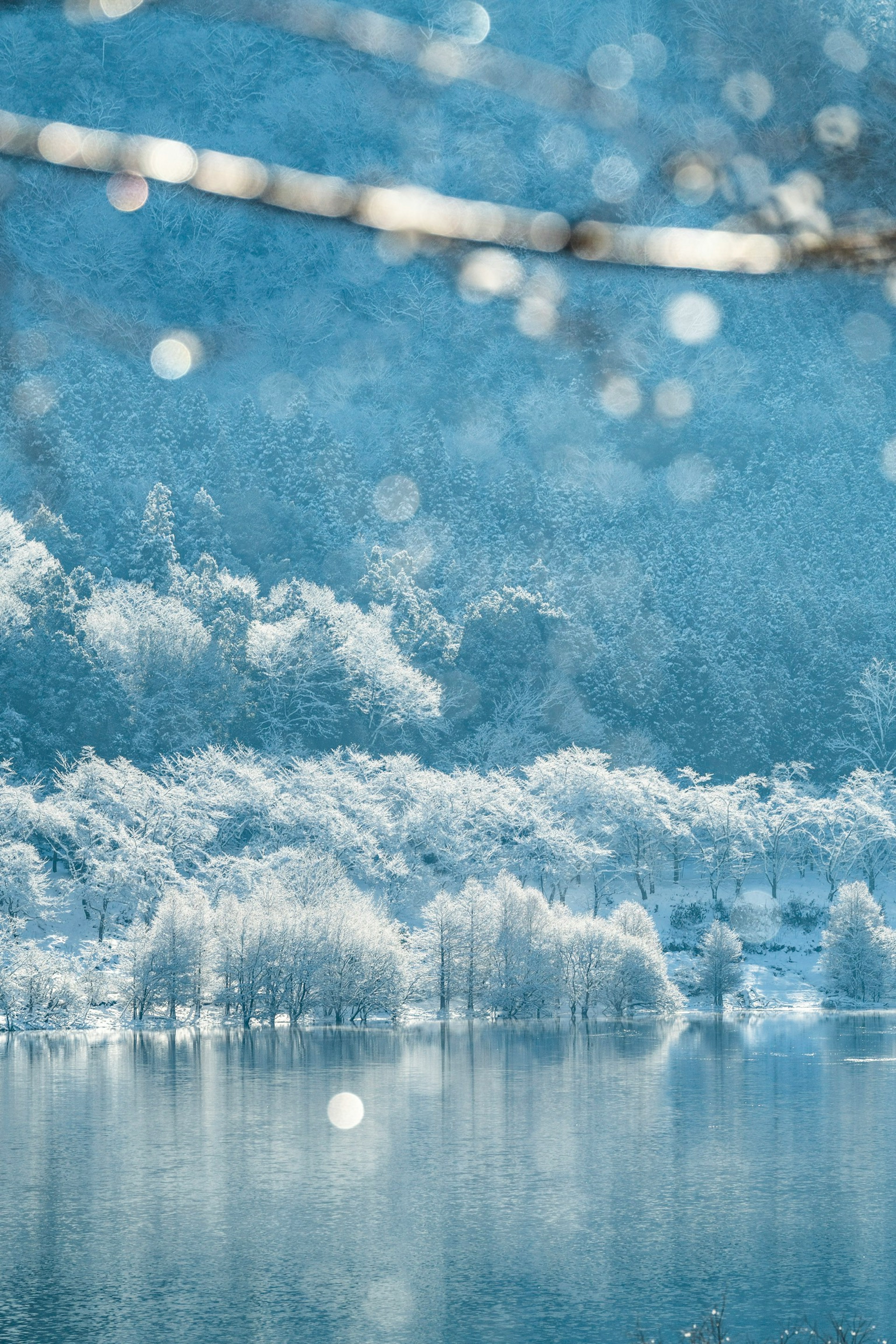 Schöne Landschaft eines schneebedeckten Sees und blauen Himmels