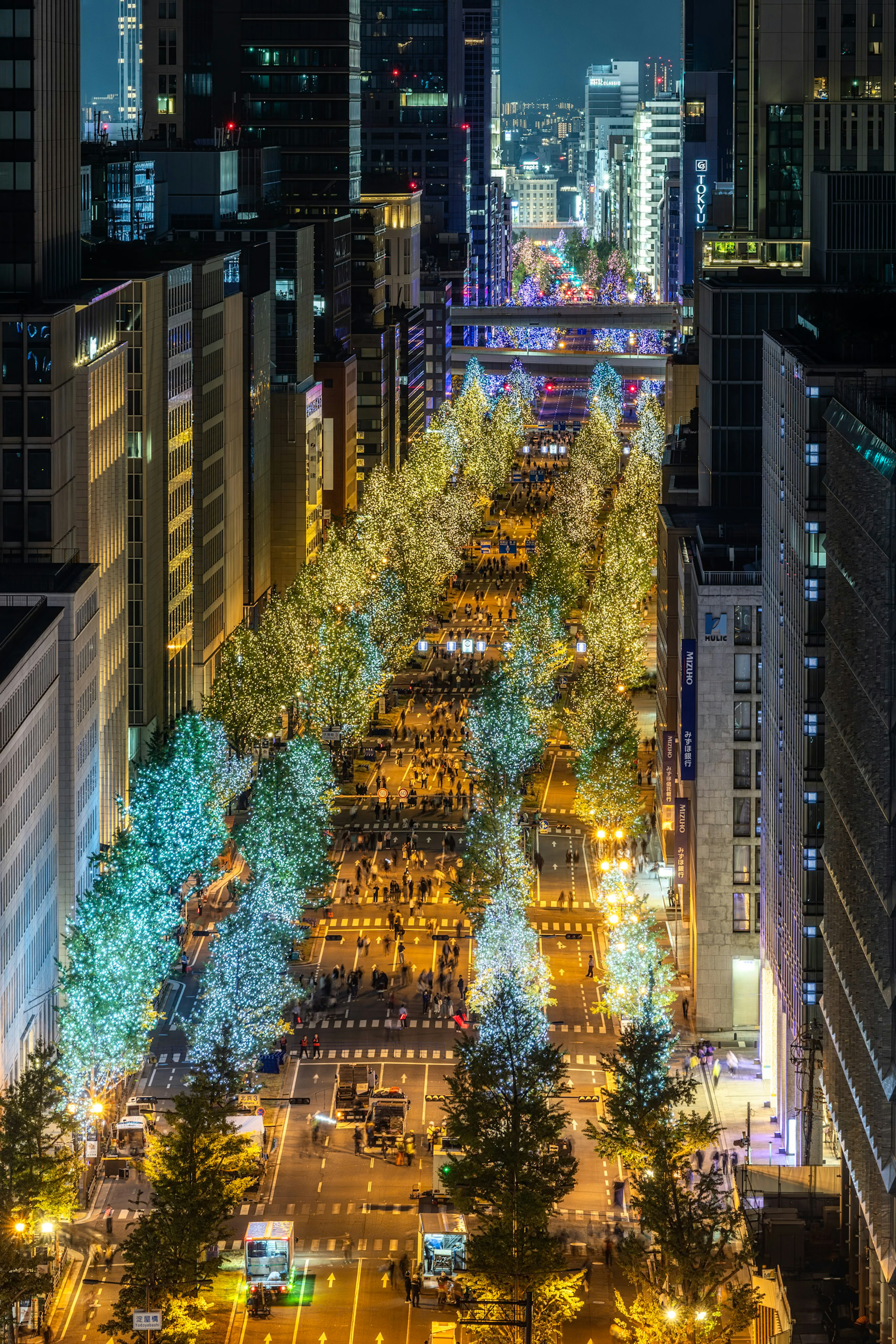 Una strada fiancheggiata da alberi illuminati in un paesaggio urbano vibrante di notte