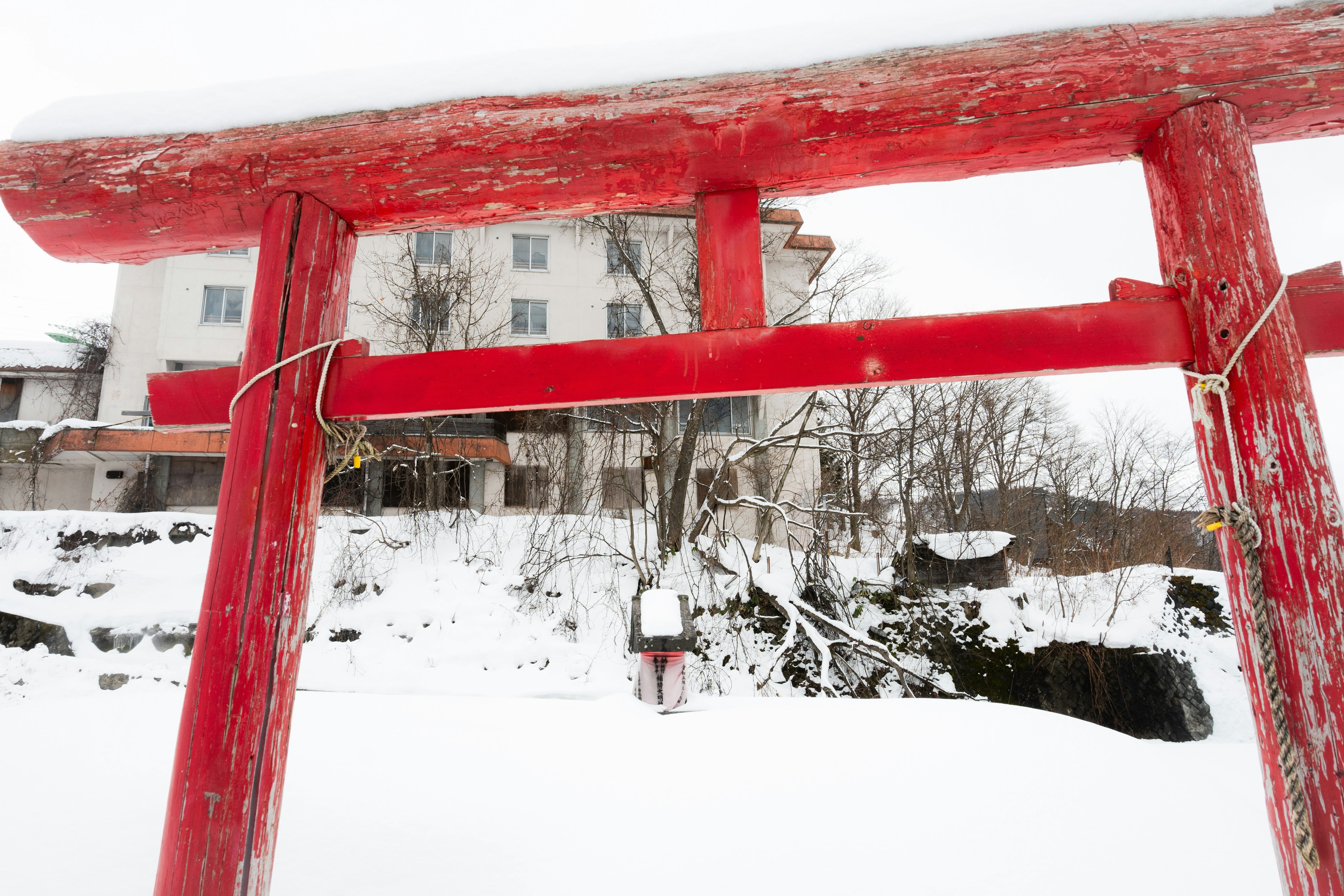 Rotes Torii mit Schnee bedeckt und einem Gebäude im Hintergrund