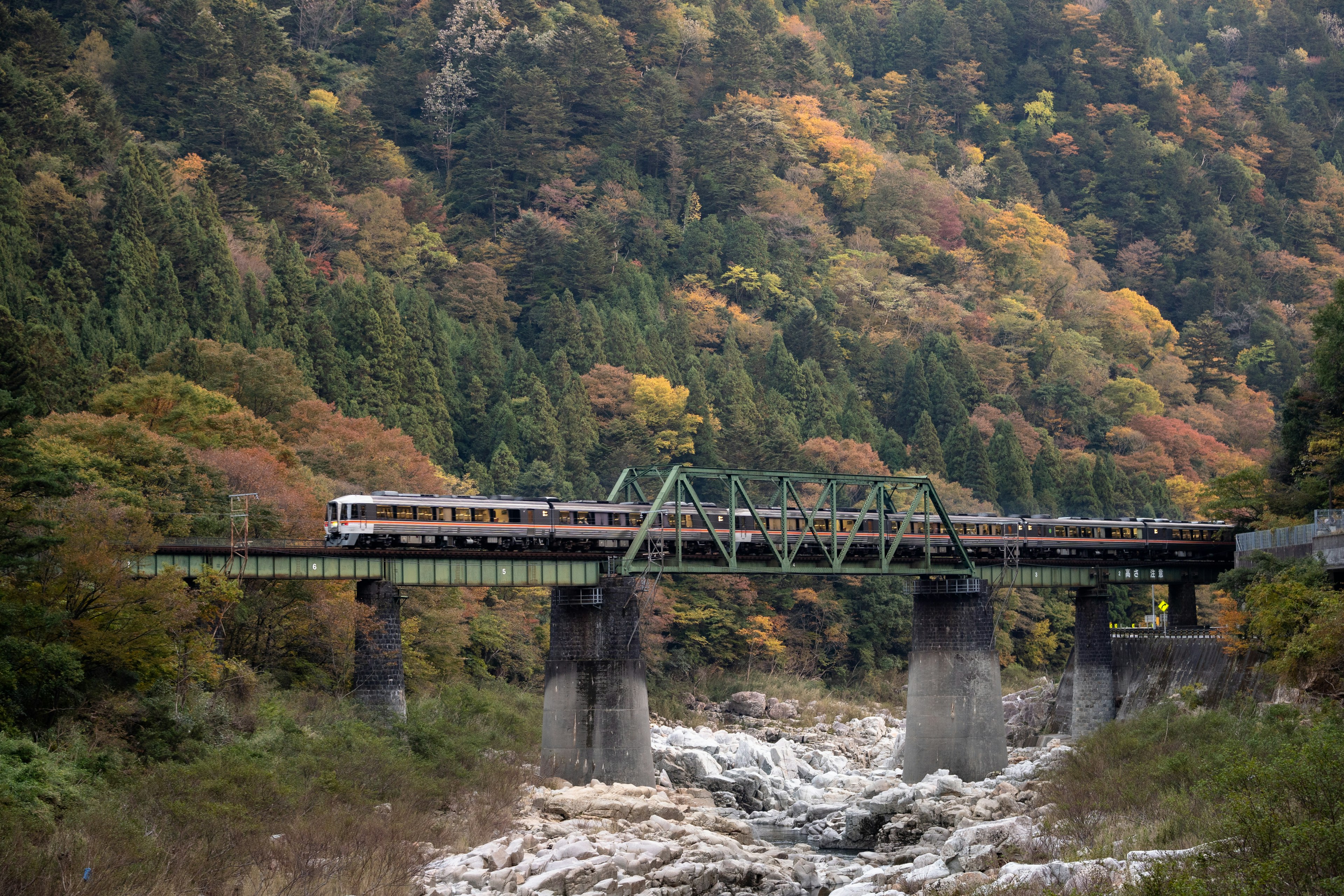 Train crossing a green bridge over a rocky river amidst autumn foliage