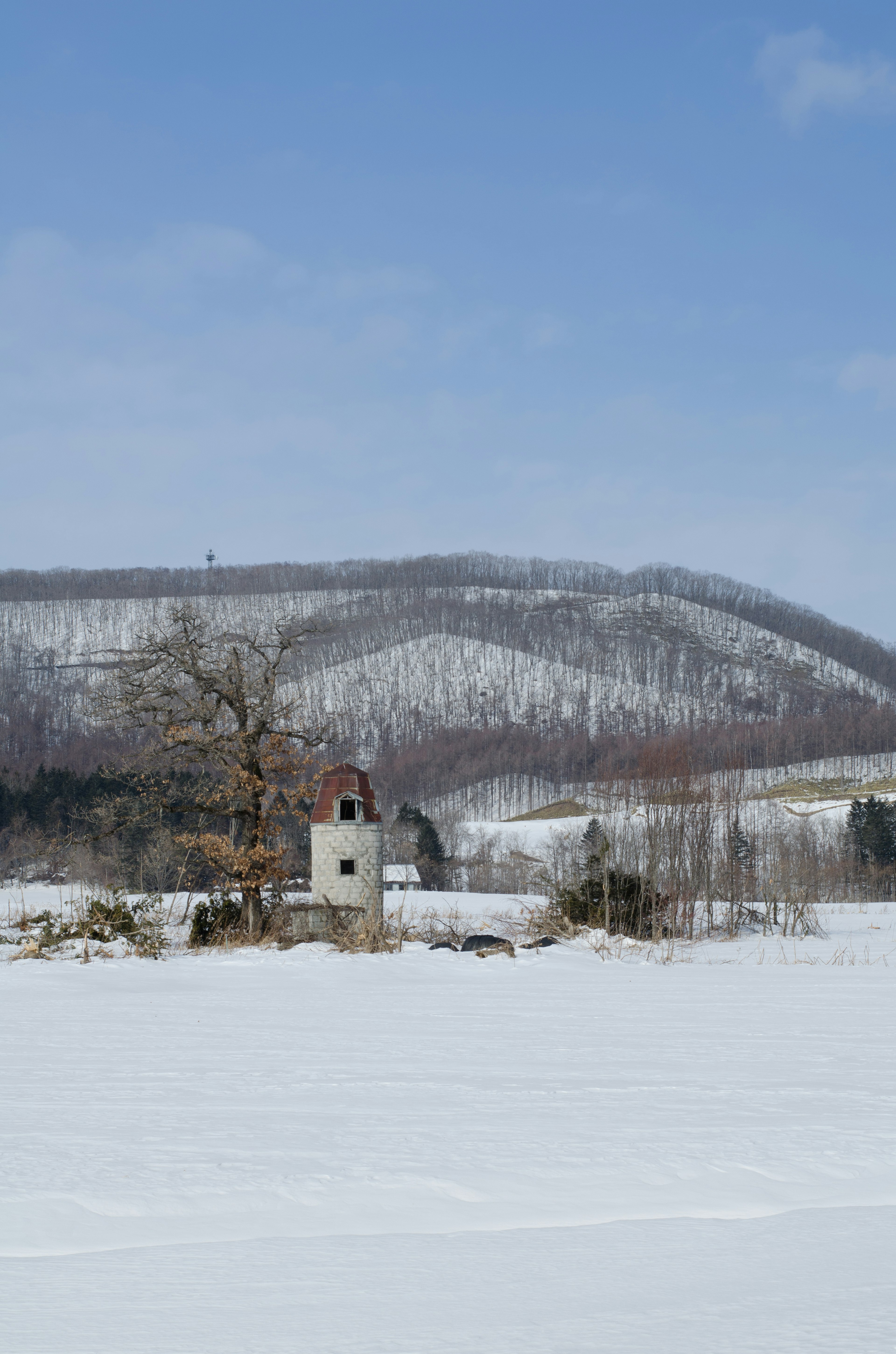 Schneebedeckte Landschaft mit einem kleinen Turm und einer Windmühle