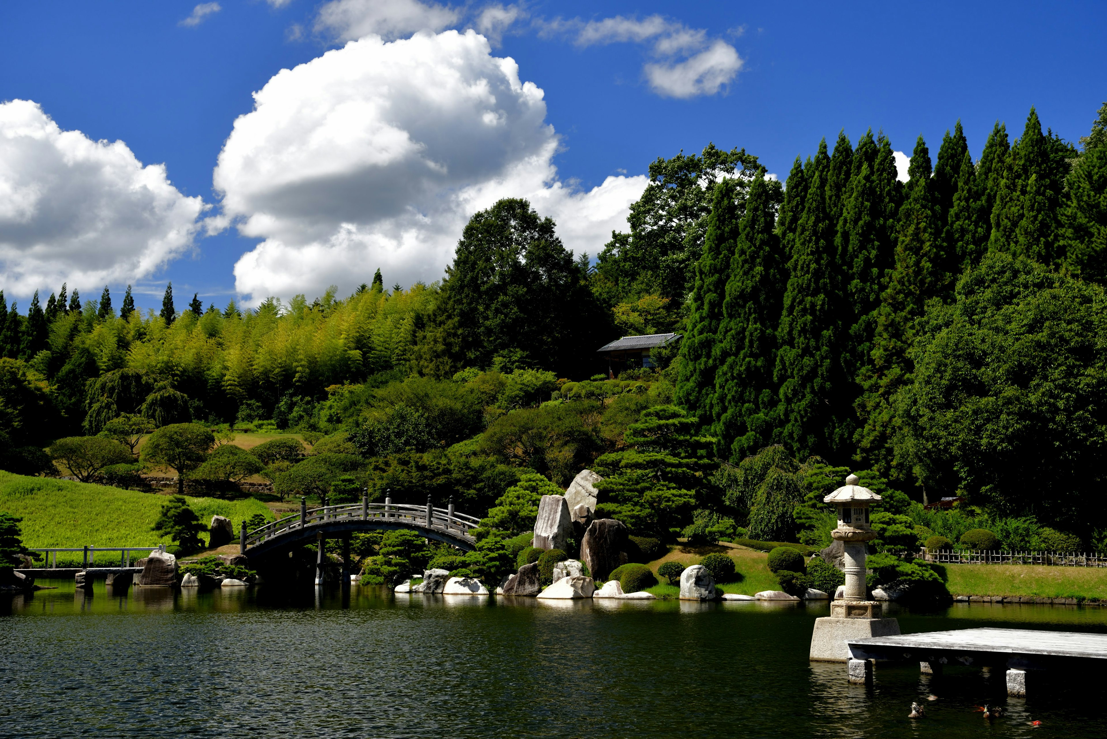 Vue pittoresque d'un jardin japonais traditionnel avec un pont sur un étang et des lanternes en pierre