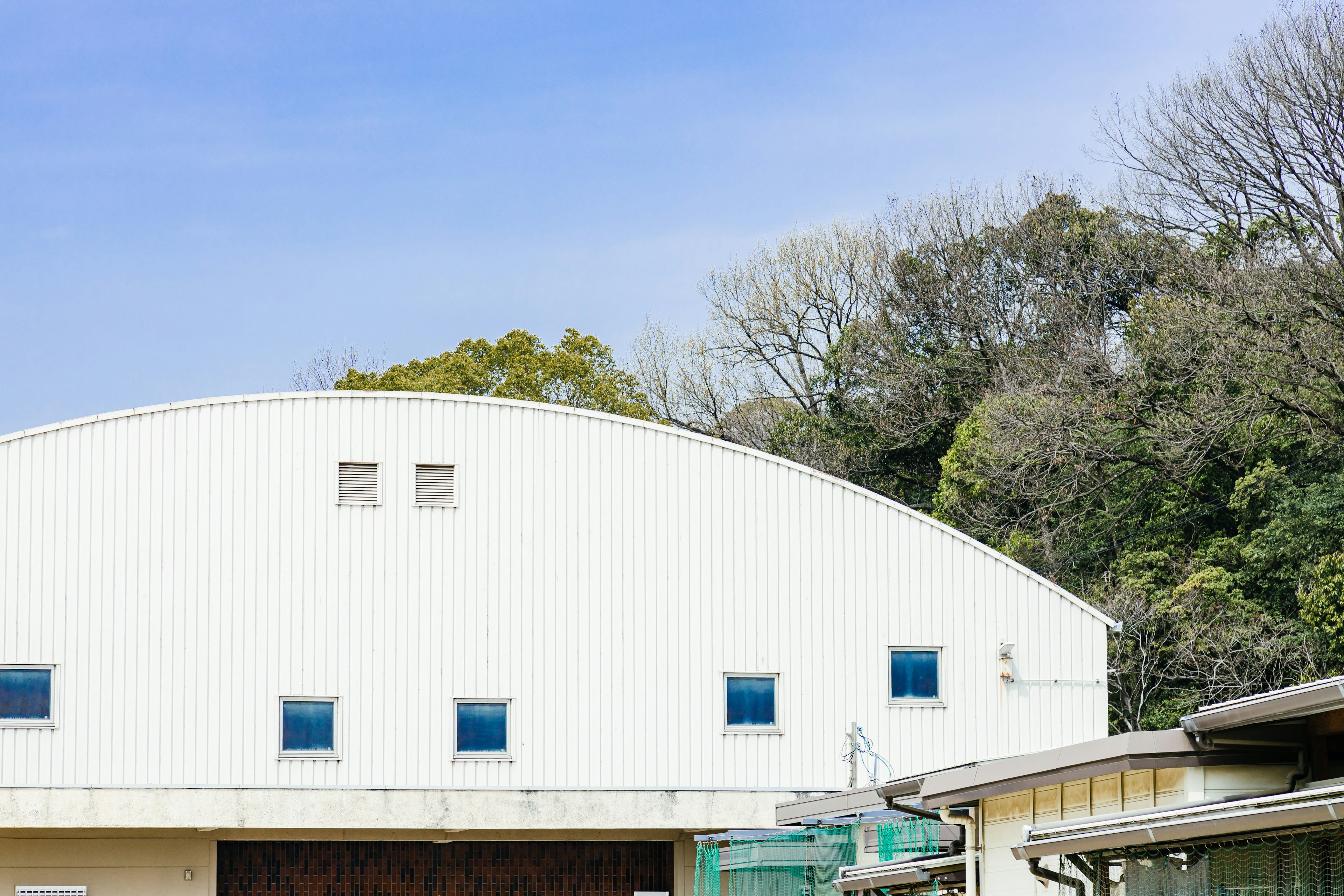 白いアーチ型の建物と緑の木々がある風景