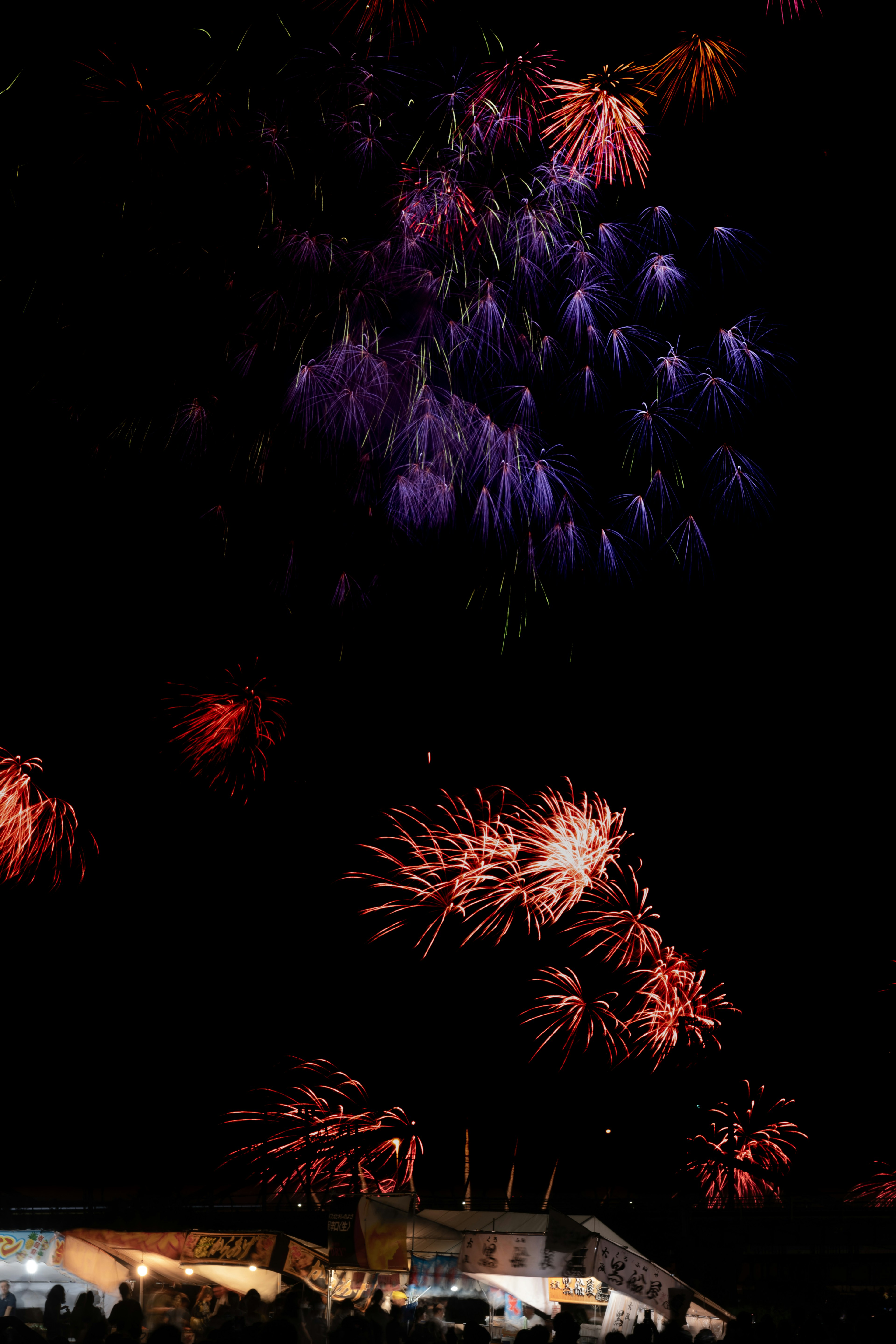 Hermoso espectáculo de fuegos artificiales morados y rojos iluminando el cielo nocturno