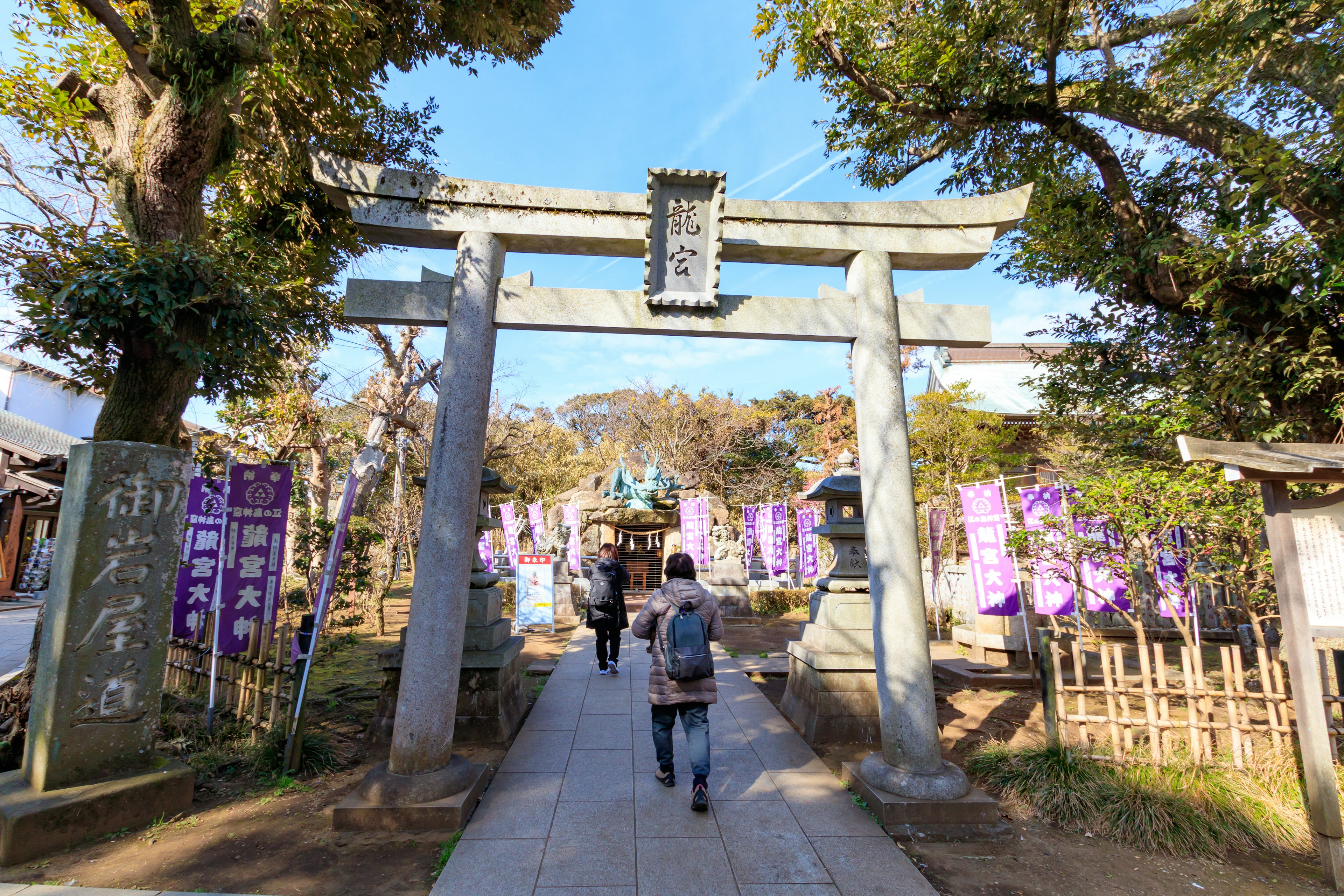 Une personne marchant sous un torii dans un sanctuaire avec des lanternes violettes en arrière-plan