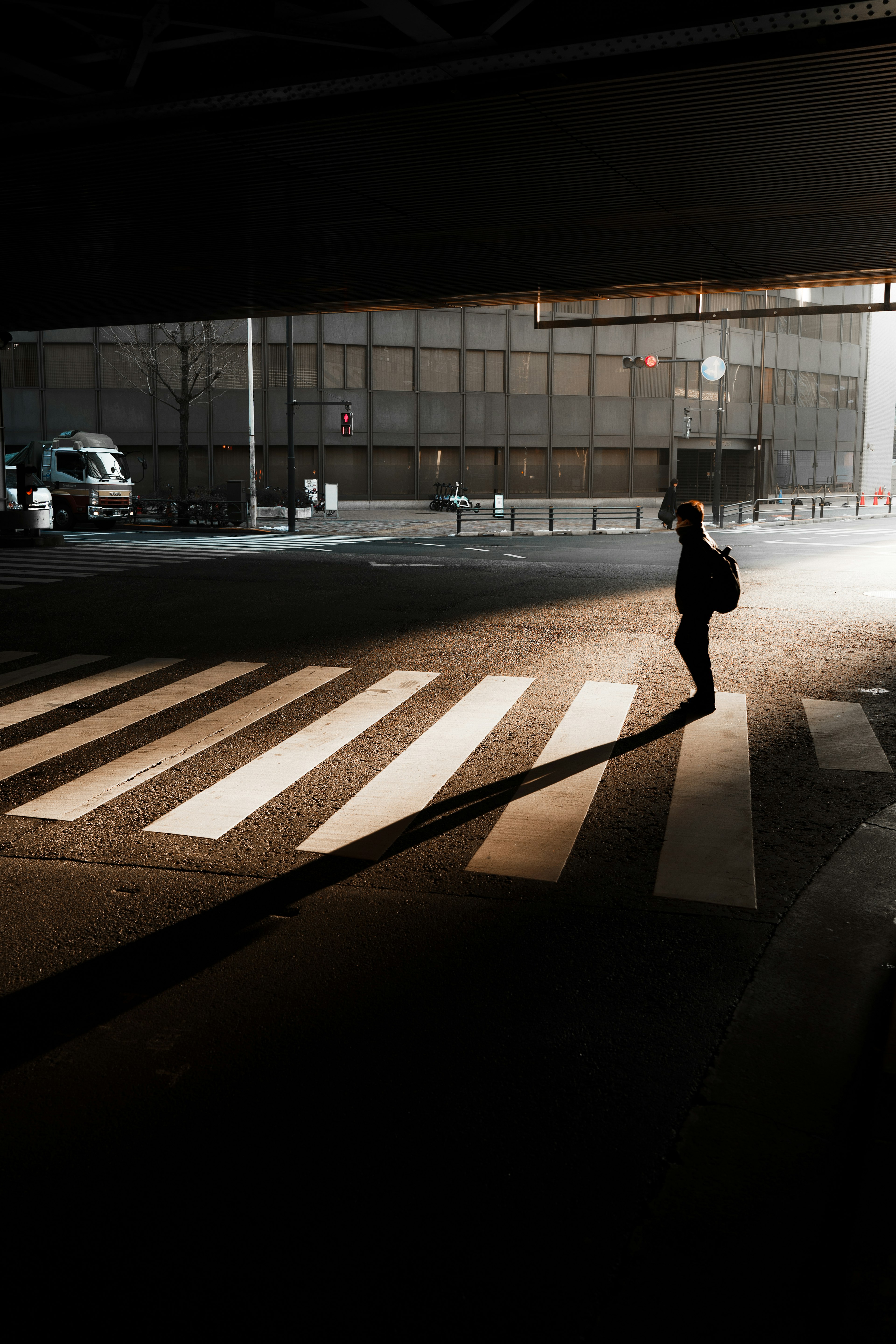 Silhouette of a person standing on a crosswalk with long shadows in an urban setting