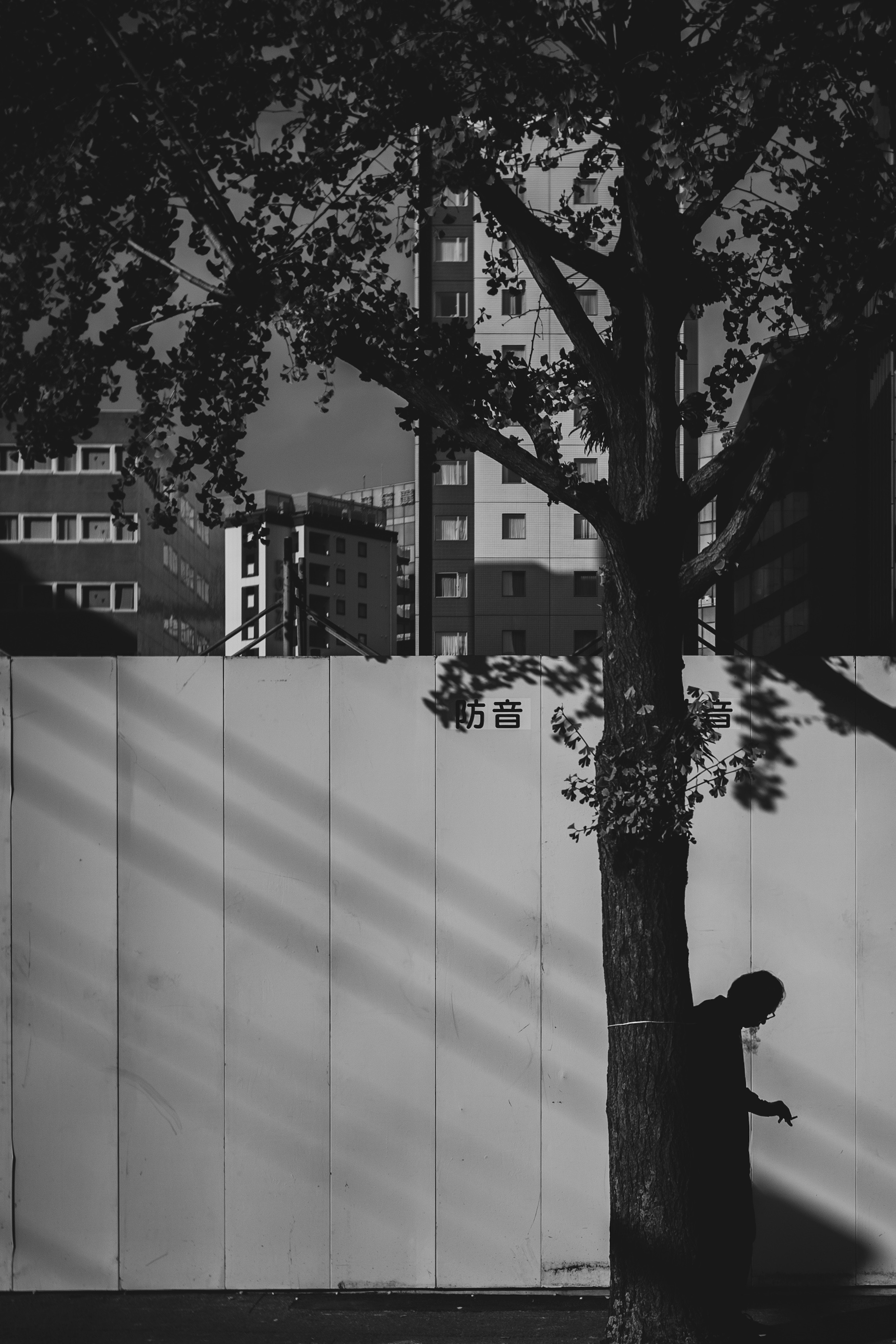 Silhouette of a person standing by a tree with building outlines in a monochrome image