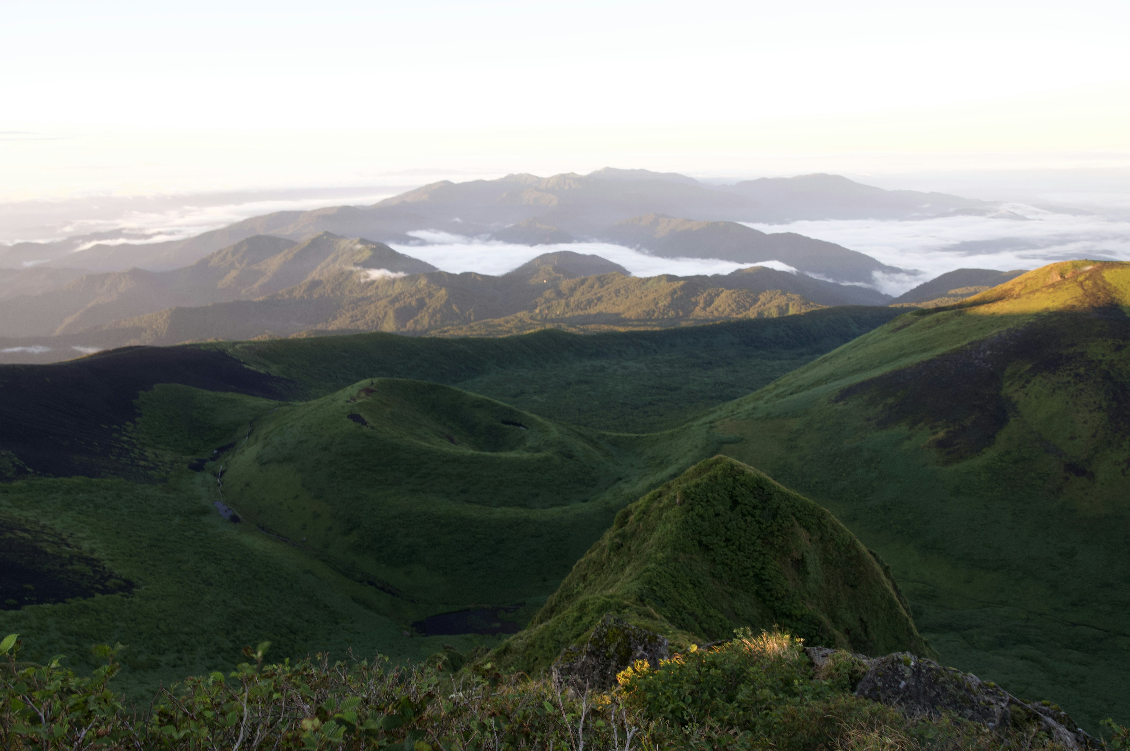 緑豊かな山々と霧に覆われた谷の美しい風景