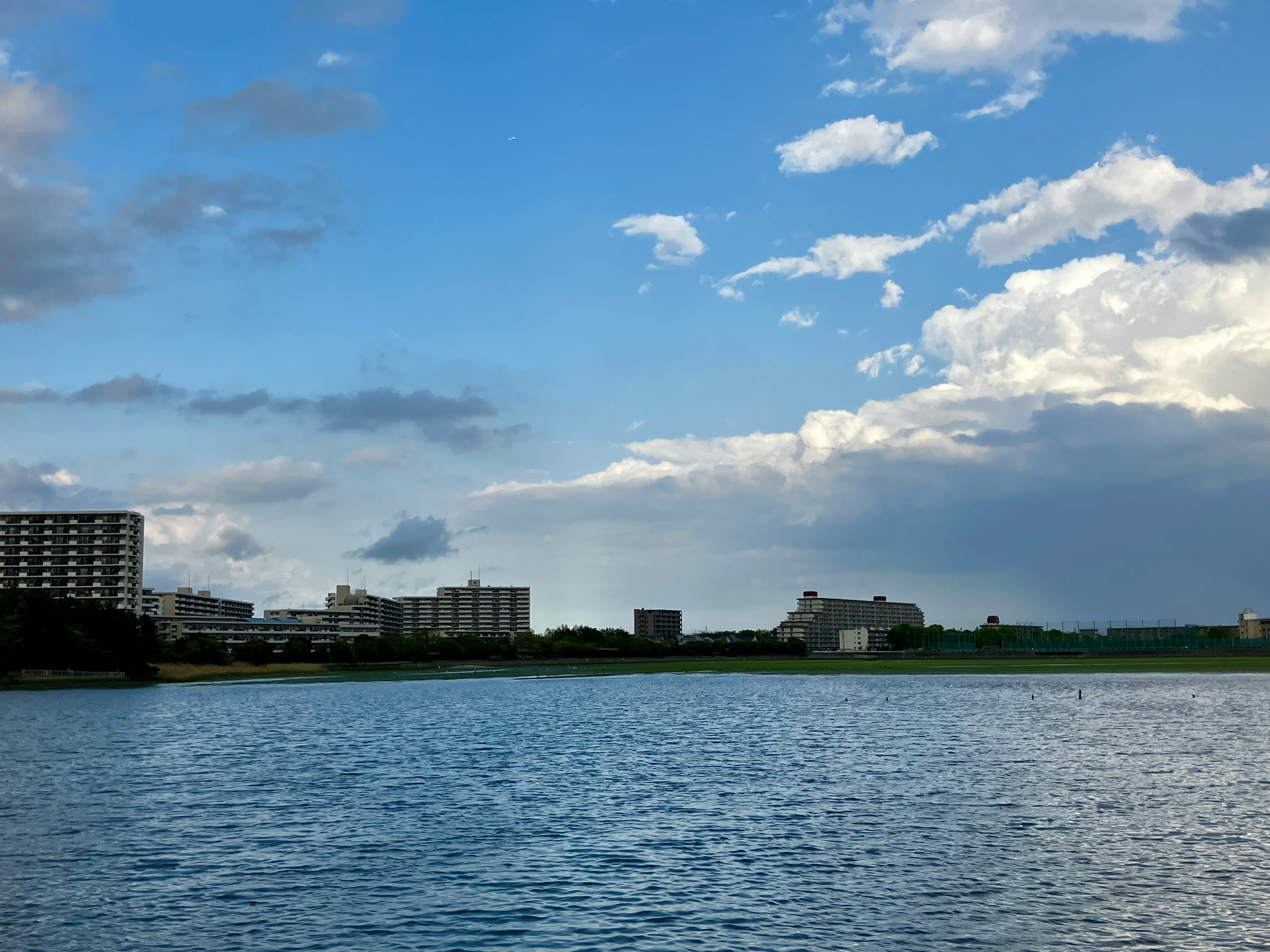 青空と雲が広がる湖の風景 高層ビルが湖の岸に立ち並ぶ