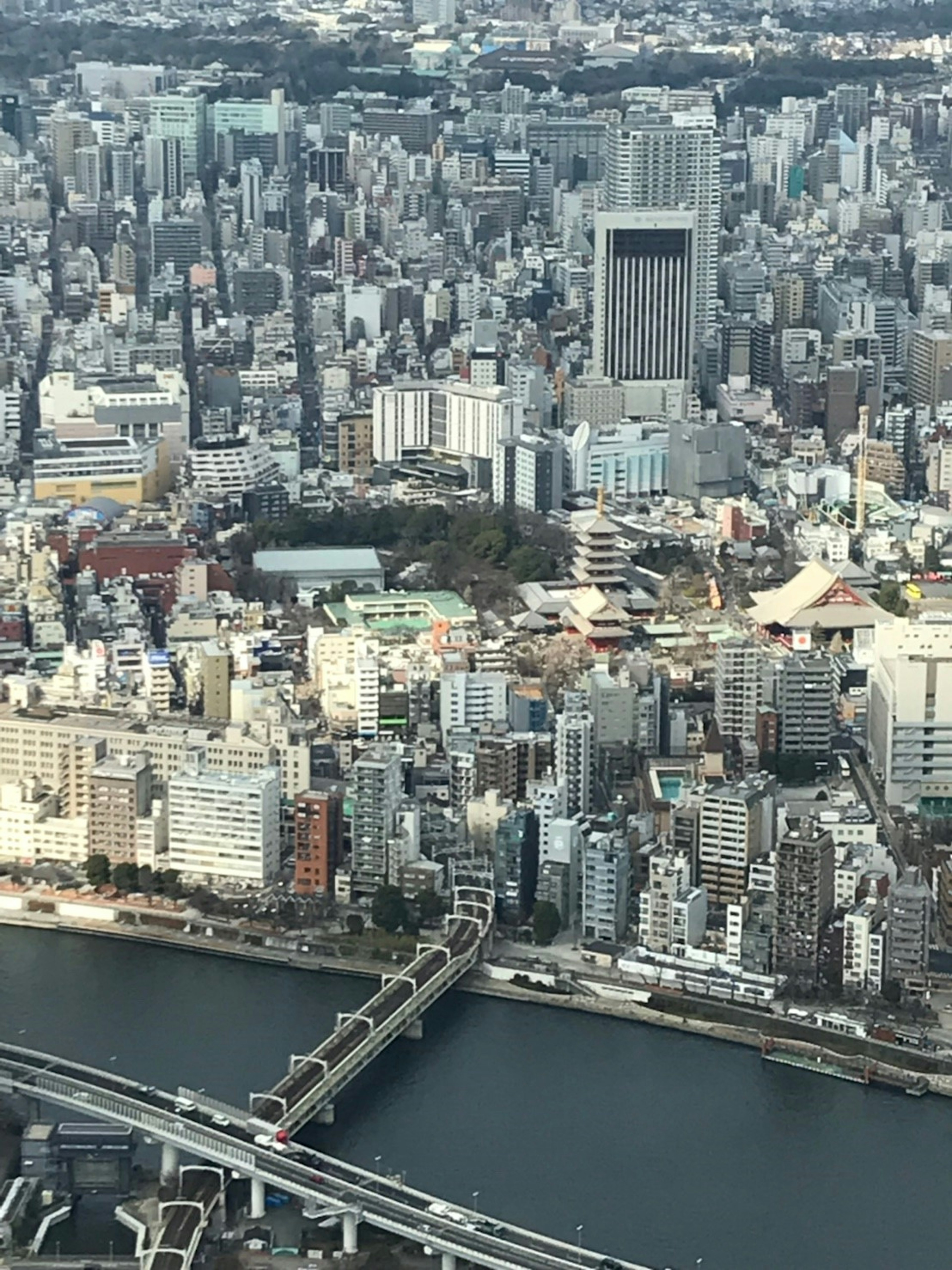 東京の高層ビル群を見下ろす空撮画像 橋と川が見える